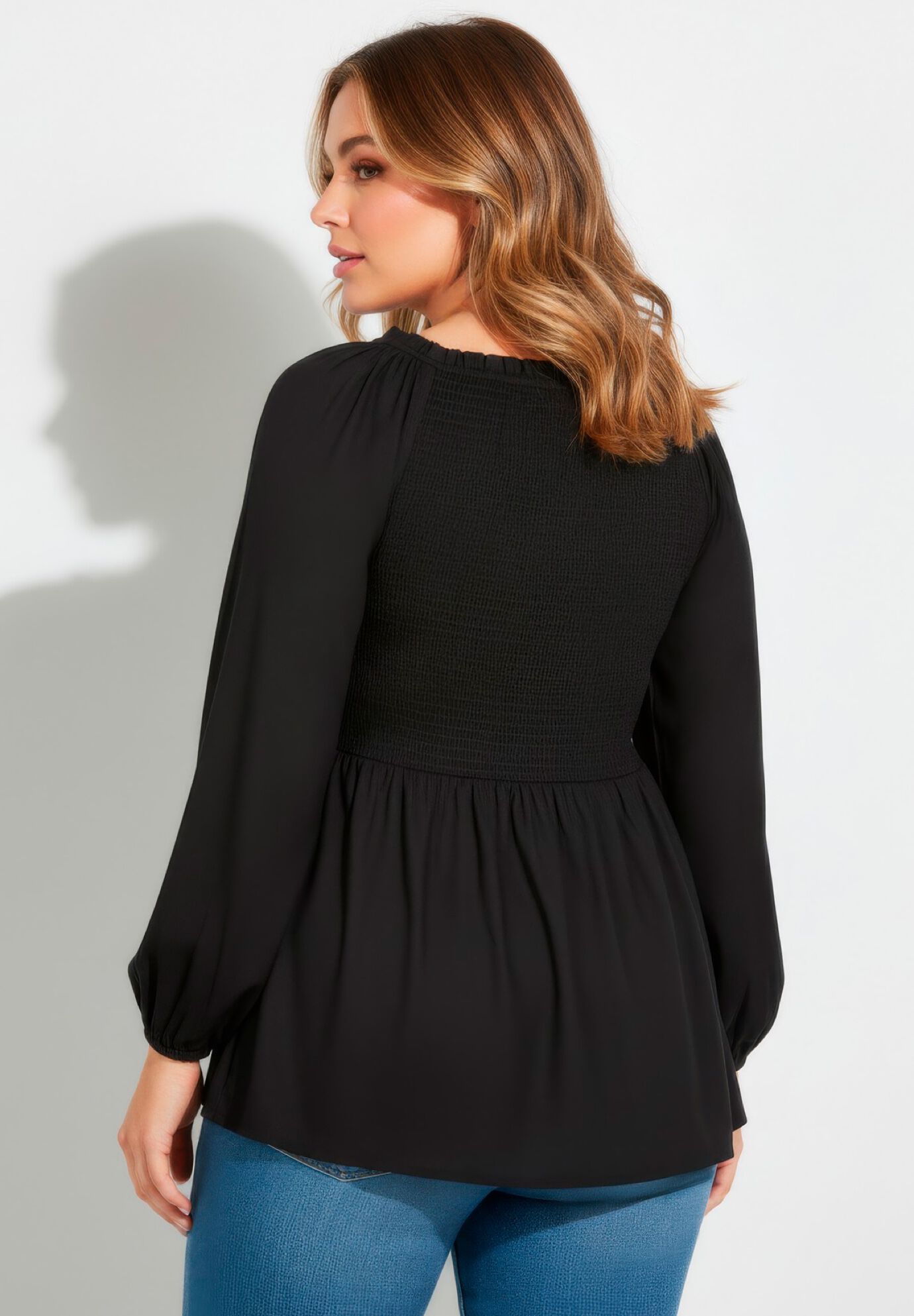 Smocking Blouson Sleeve Blouse, BLACK, alternate image number 2