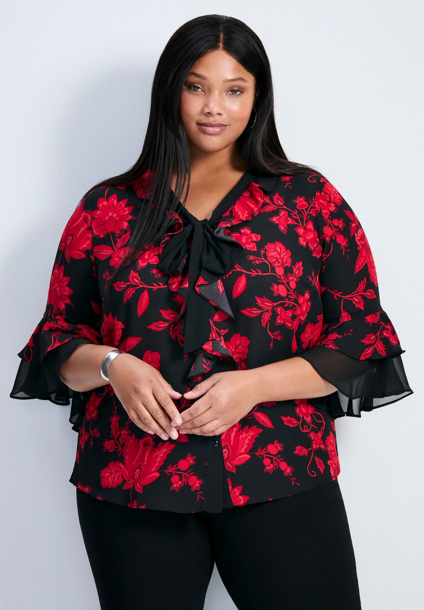 Cassie Frill Shirt, SCARLET BLOOM, hi-res image number 0