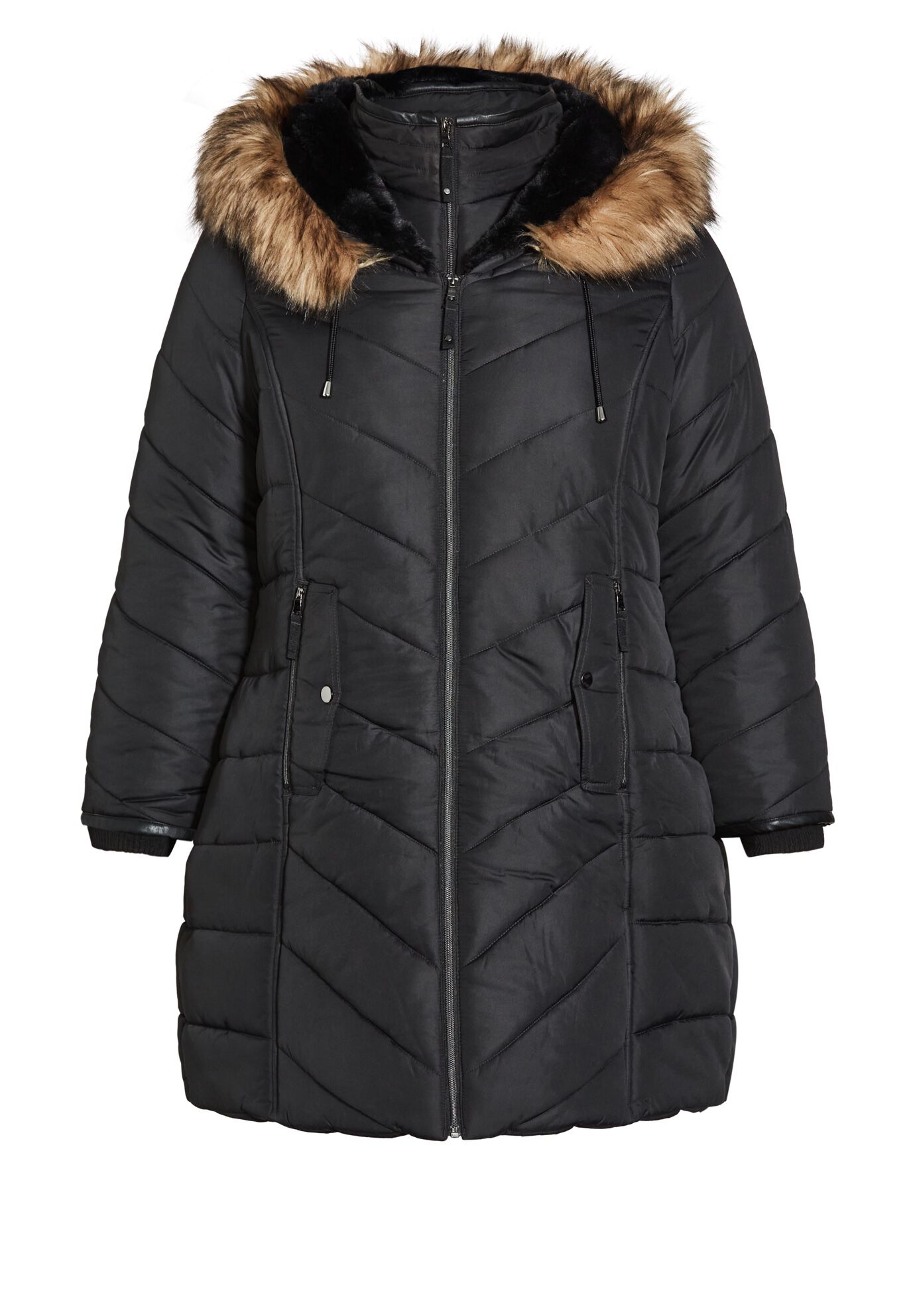 Chevron Faux Fur Hood Long Puffer Coat, BLACK, alternate image number 2