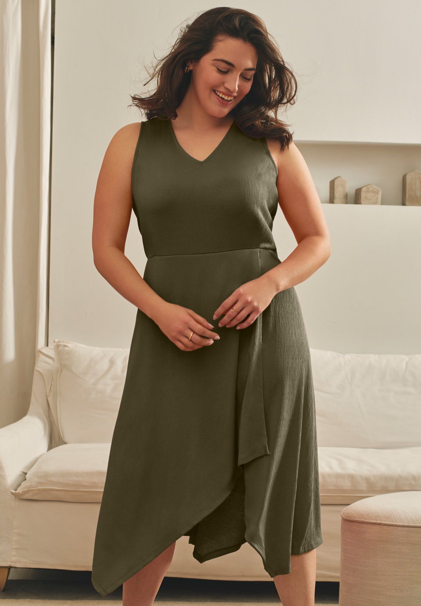 Knit Gauze Cascade Dress, OLIVE GREEN, hi-res image number 0