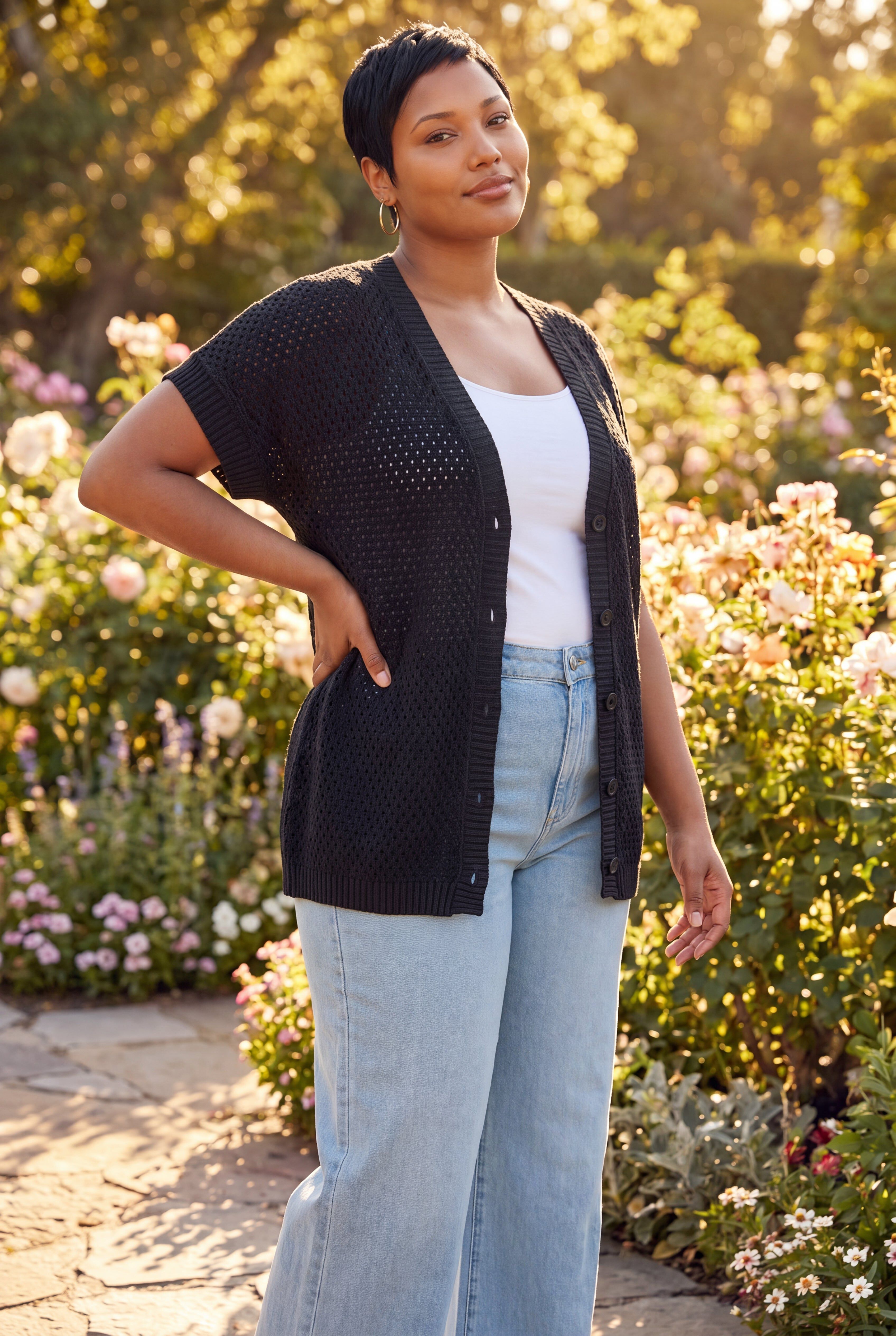 Short Sleeve Button Front Cardigan, BLACK, hi-res image number 0