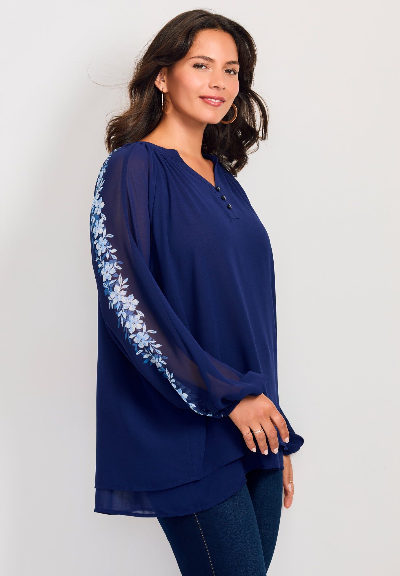 Double Layered Poet Blouse, BLUE FLOWER BORDER, hi-res image number 0