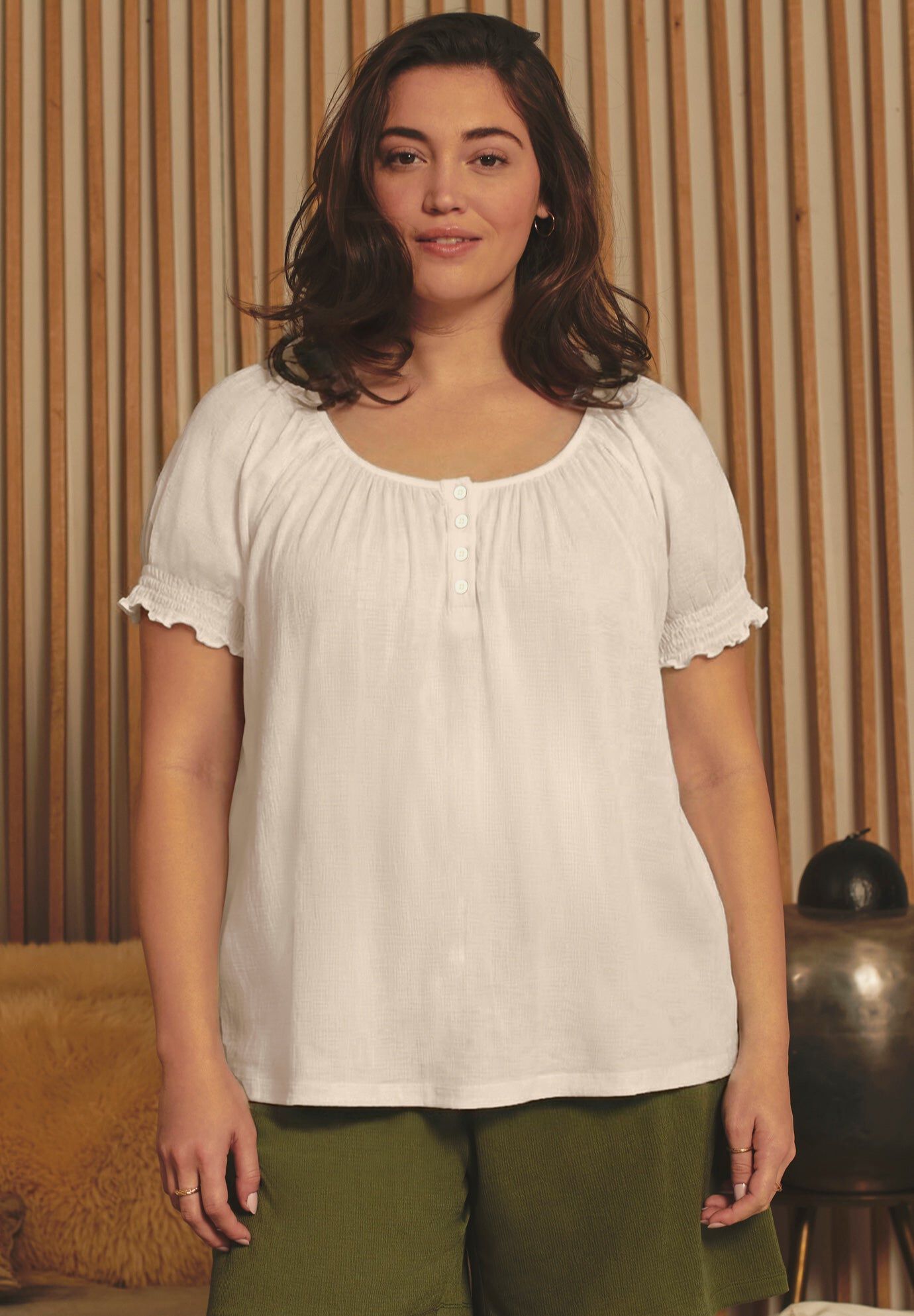 Knit Gauze Puffed Sleeve Top, IVORY, hi-res image number 0