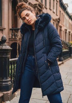 Chevron Faux Fur Hood Long Puffer Coat