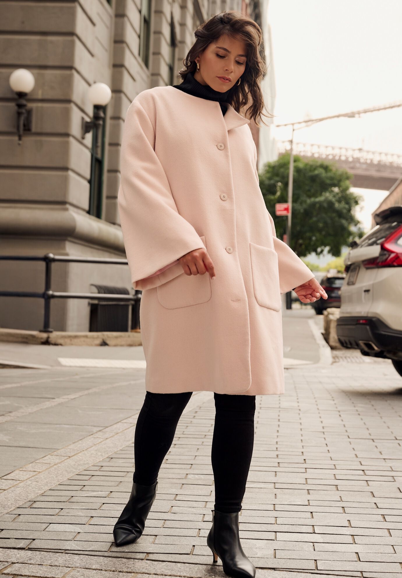 Detachable Fringe Scarf Coat, POWDER BLUSH, on-hover image number 1