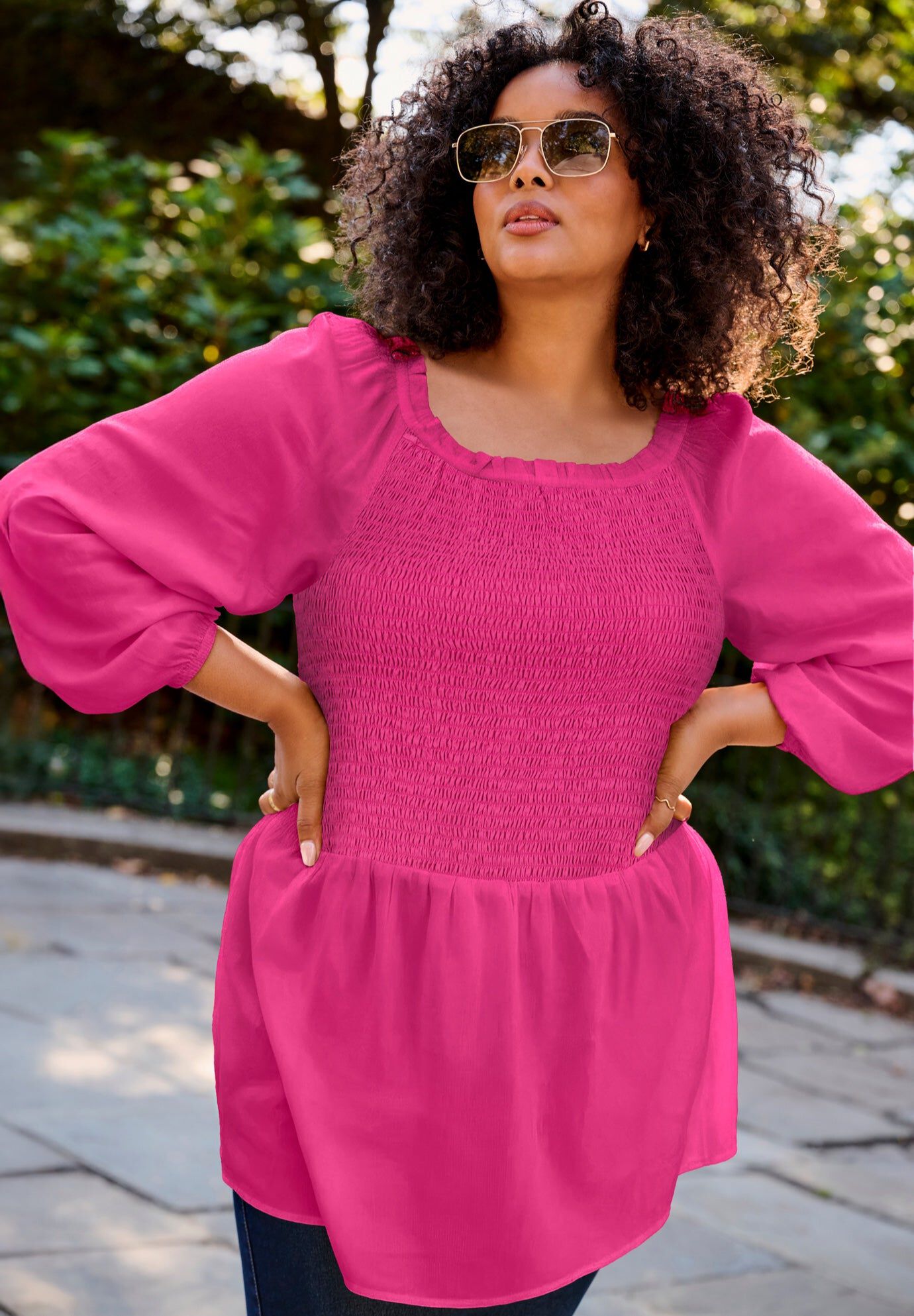 Smocking Blouson Sleeve Blouse, RASPBERRY, hi-res image number 0