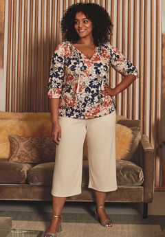 Knit Gauze Smocked Wide-Leg Crop