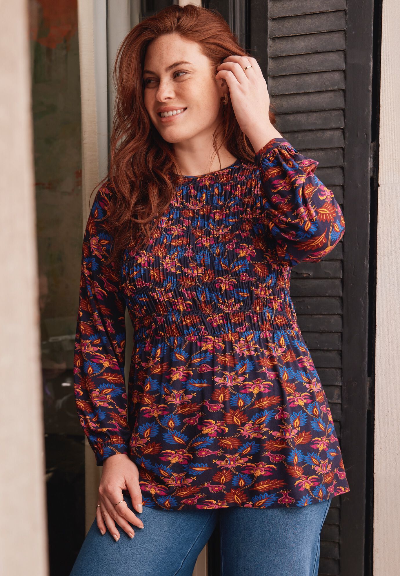 Sela Smocked Long Sleeve Top, NAVY DECO FLORAL, alternate image number 2