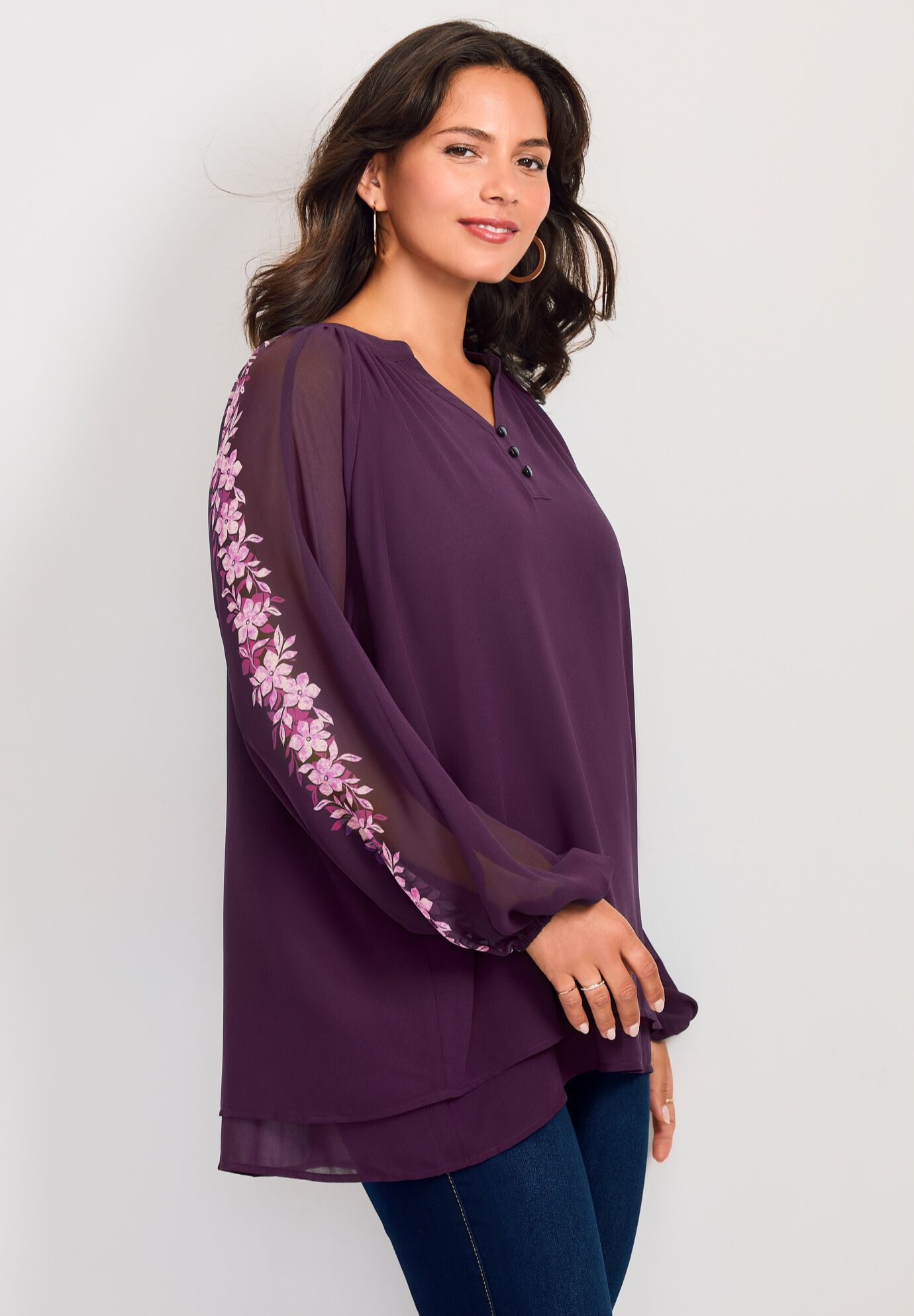 Double Layered Poet Blouse, BERRY FLOWER BORDER, alternate image number 2