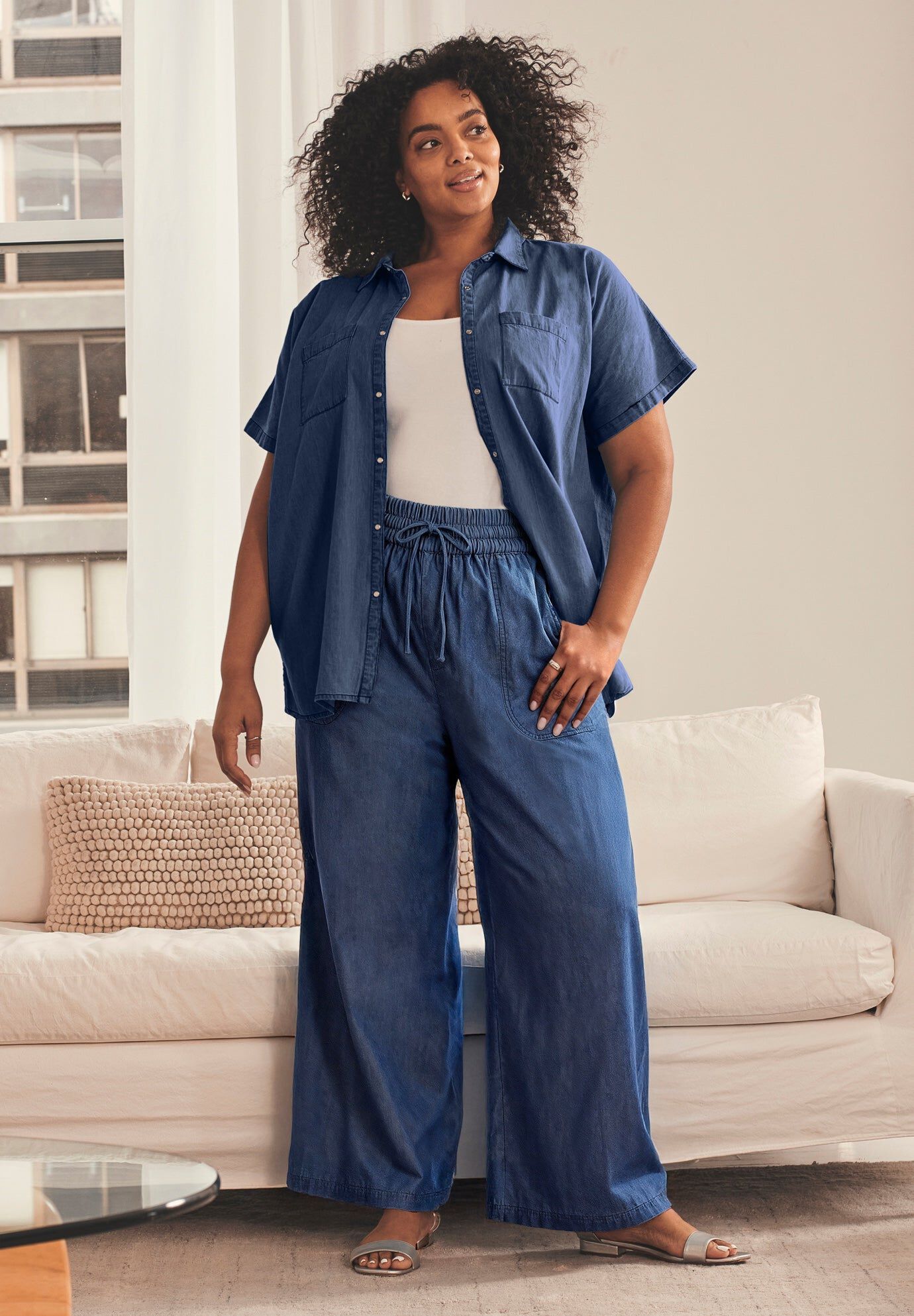 Wide-Leg Drawstring Pant, DARK WASH, hi-res image number 0
