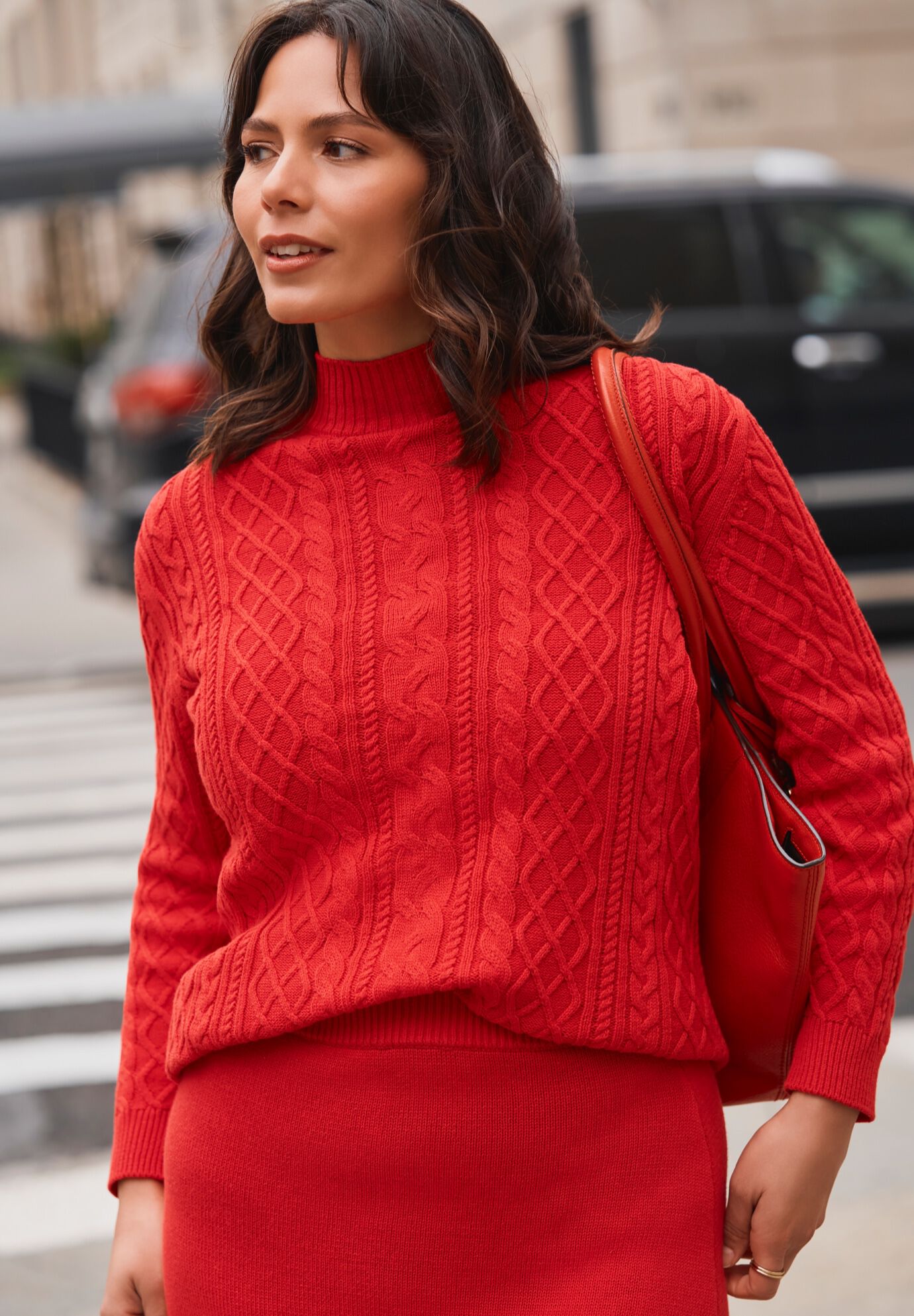 Mock Neck Cable Sweater, VIBRANT RED, on-hover image number 1