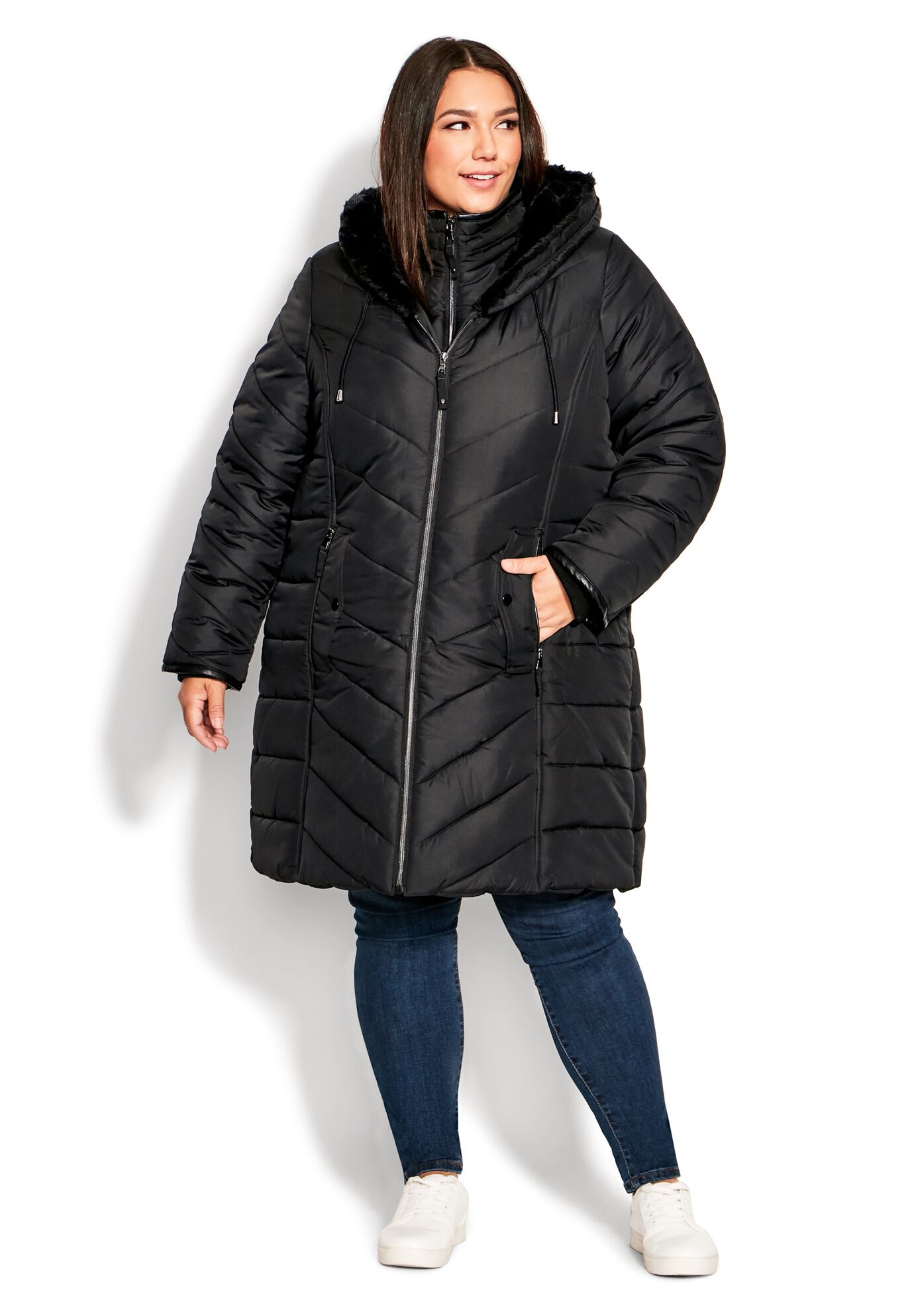 Chevron Faux Fur Hood Long Puffer Coat, BLACK, alternate image number 6