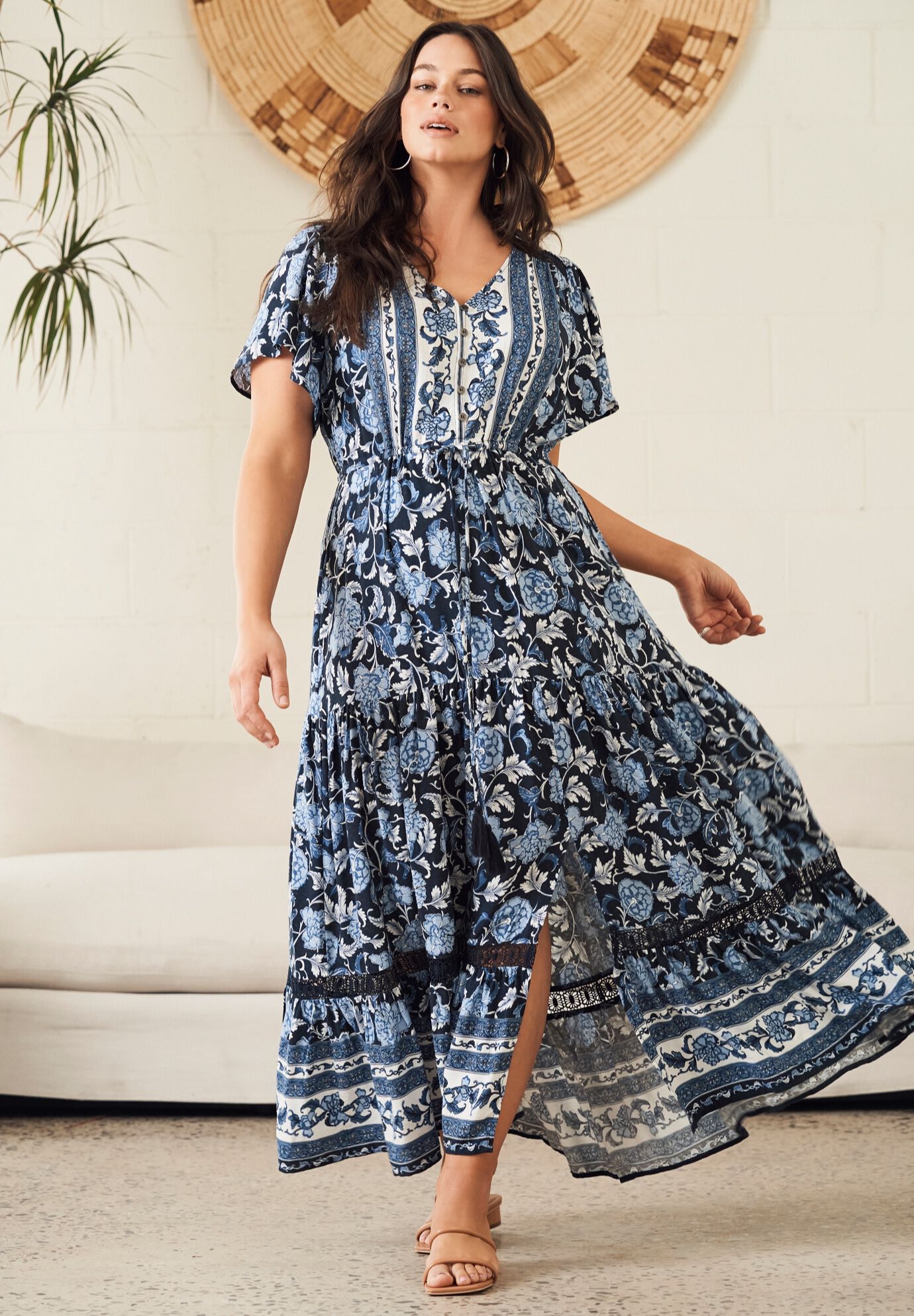 Emmy Placement Print Maxi Dress, MOONSHINE BORDER, on-hover image number 1