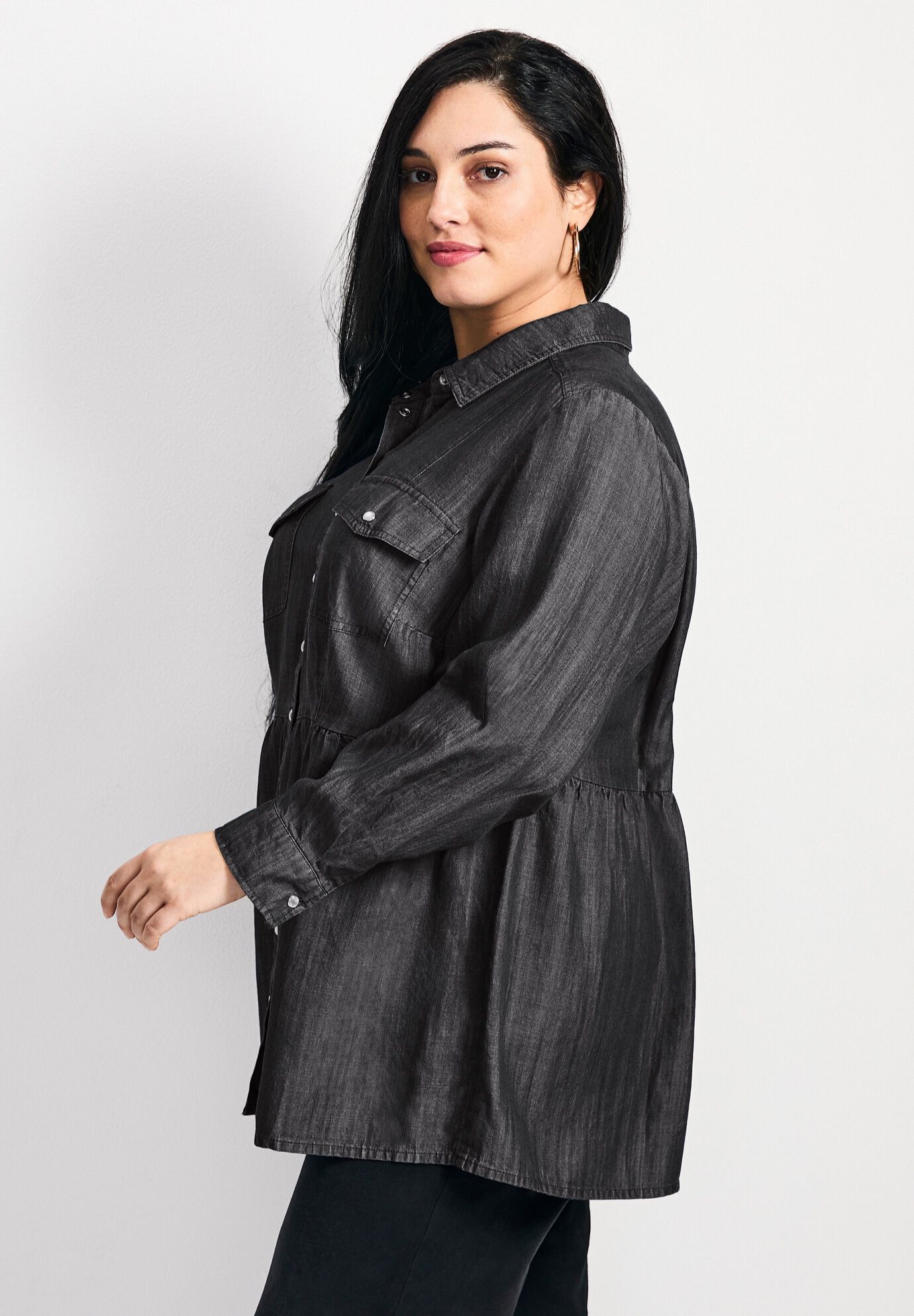 Denim Tiered Shirt, BLACK WASH, alternate image number 2