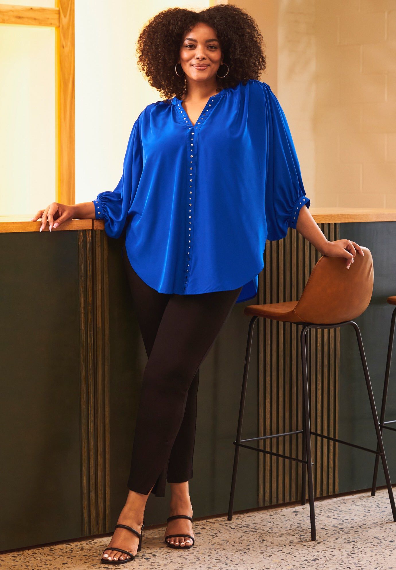Studded Blouson Sleeve Blouse, DARK SAPPHIRE, hi-res image number 0