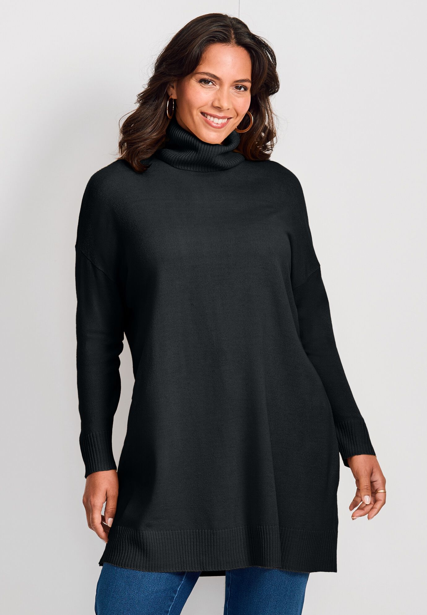 Turtleneck Tunic Sweater, BLACK, alternate image number 2