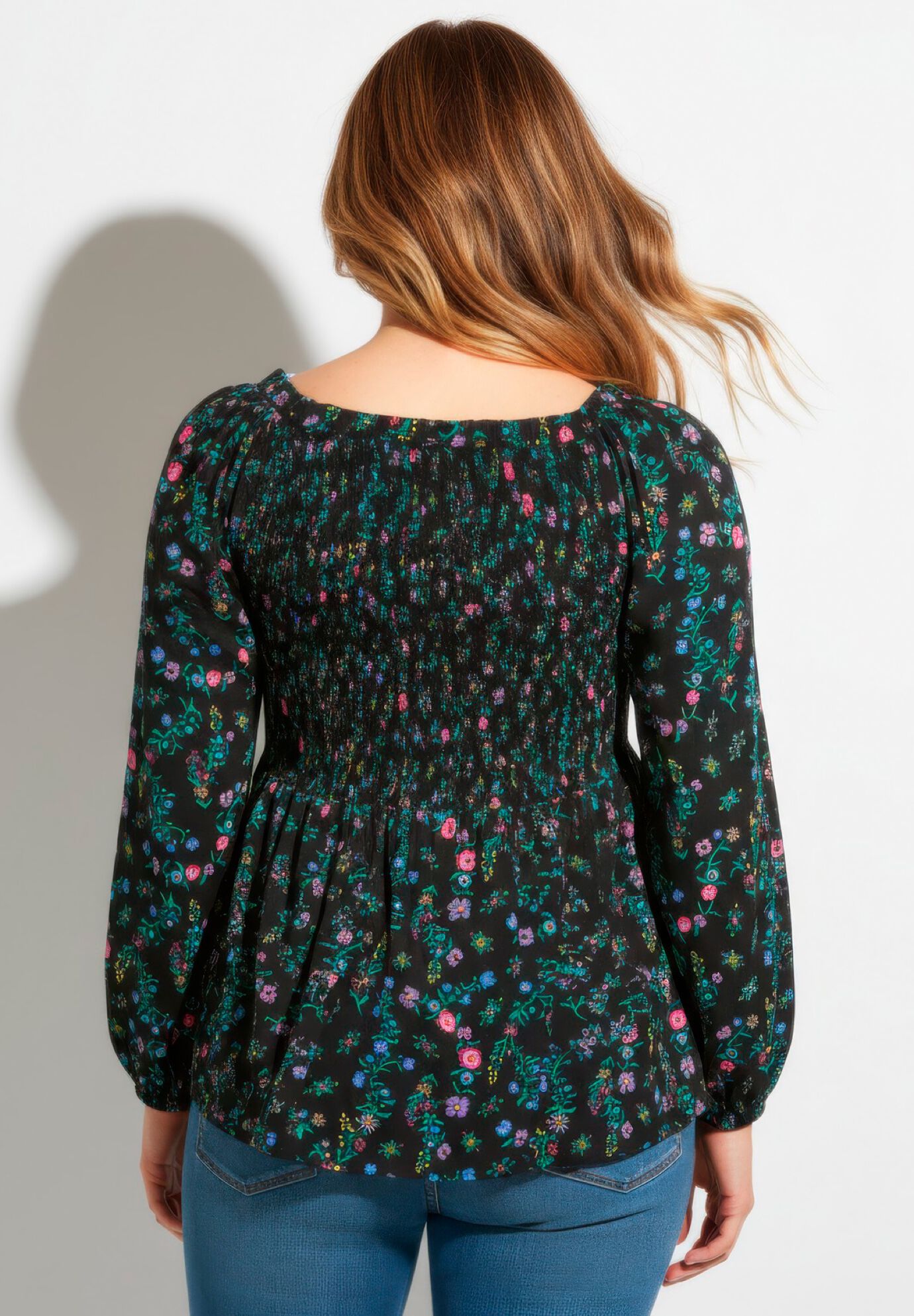 Smocking Blouson Sleeve Blouse, BLACK MULTI MINI FLOWER, alternate image number 2
