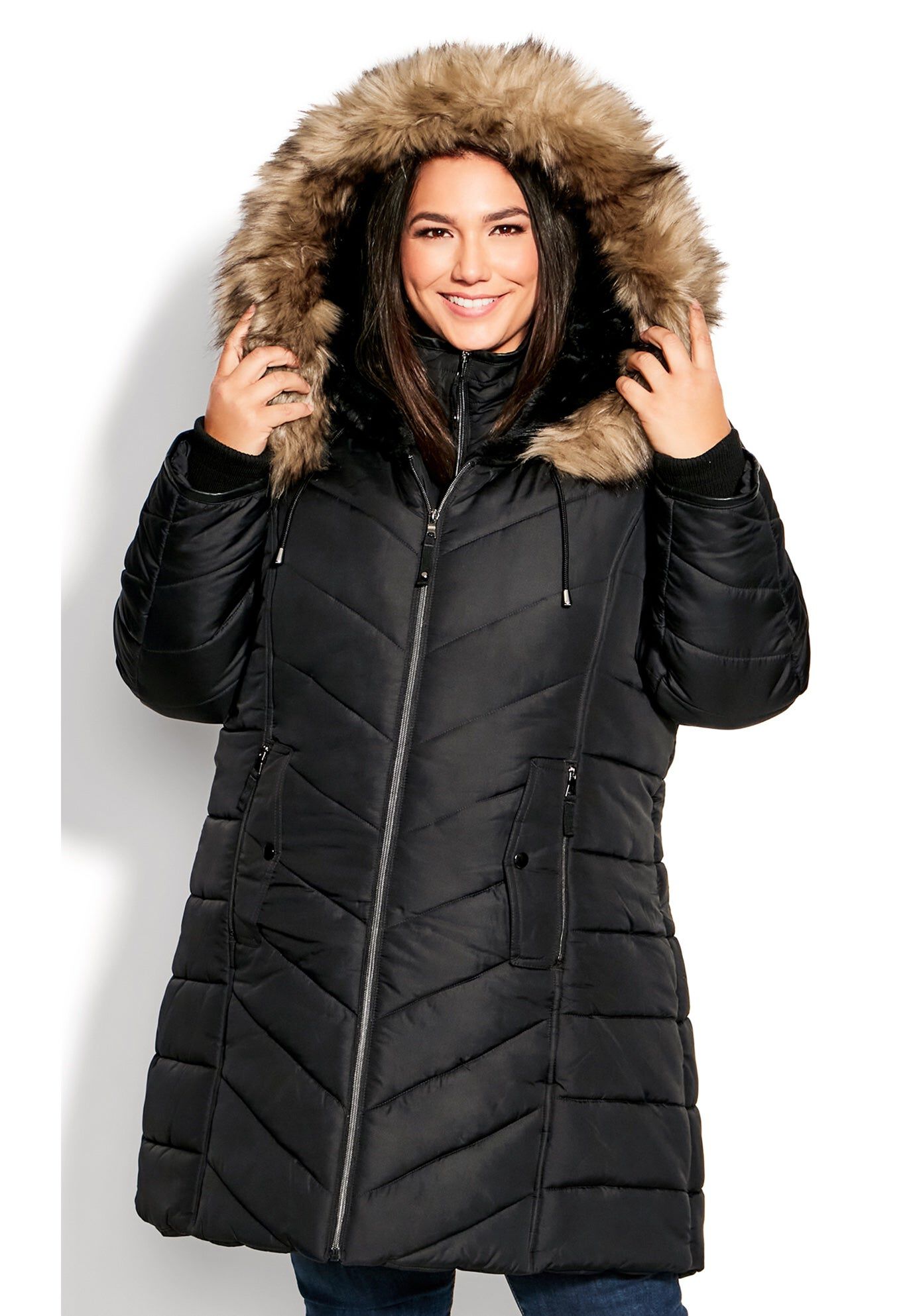 Chevron Faux Fur Hood Long Puffer Coat, BLACK, hi-res image number 0