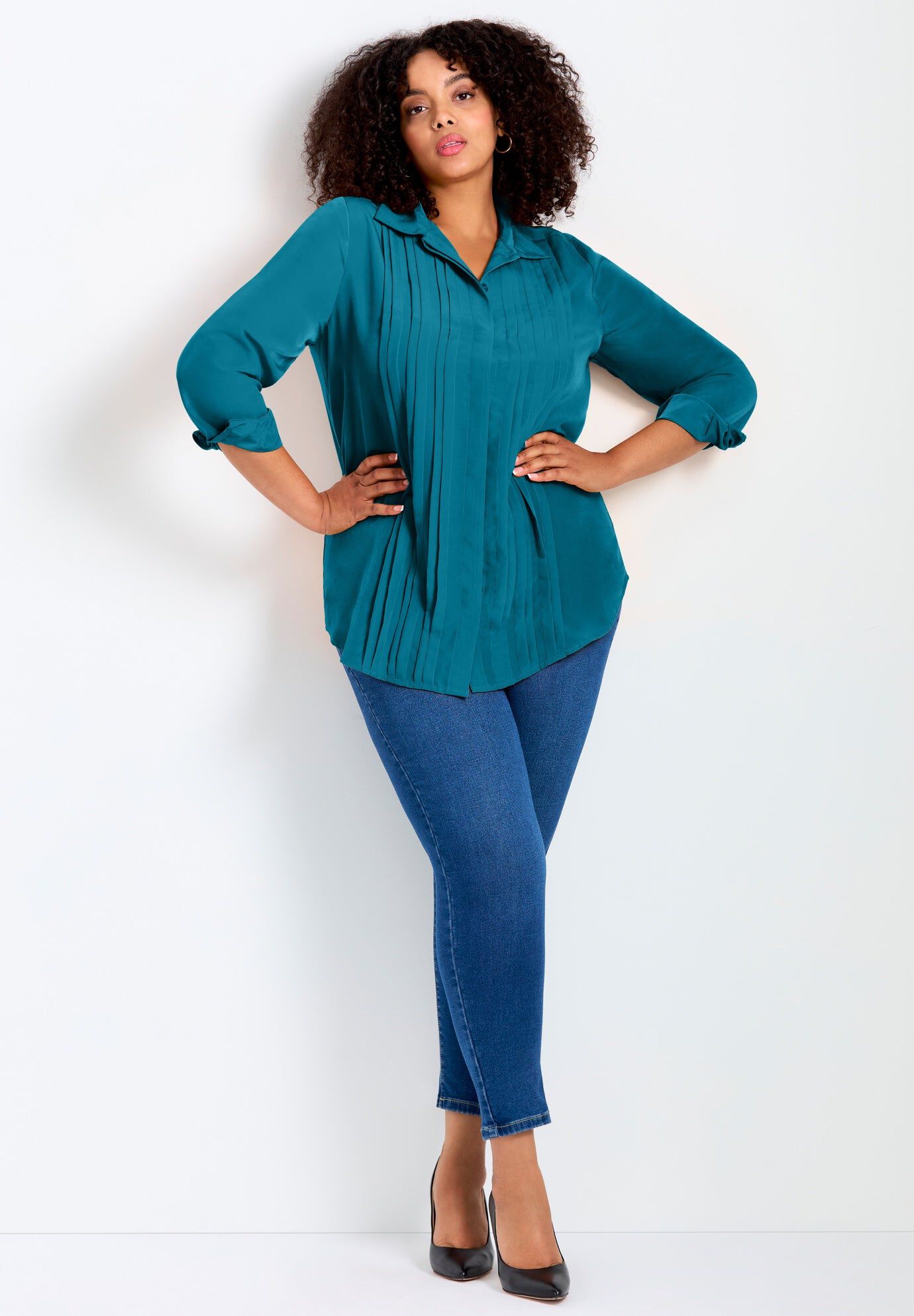 Pleated Button Down Shirt, DEEP TEAL, hi-res image number 0