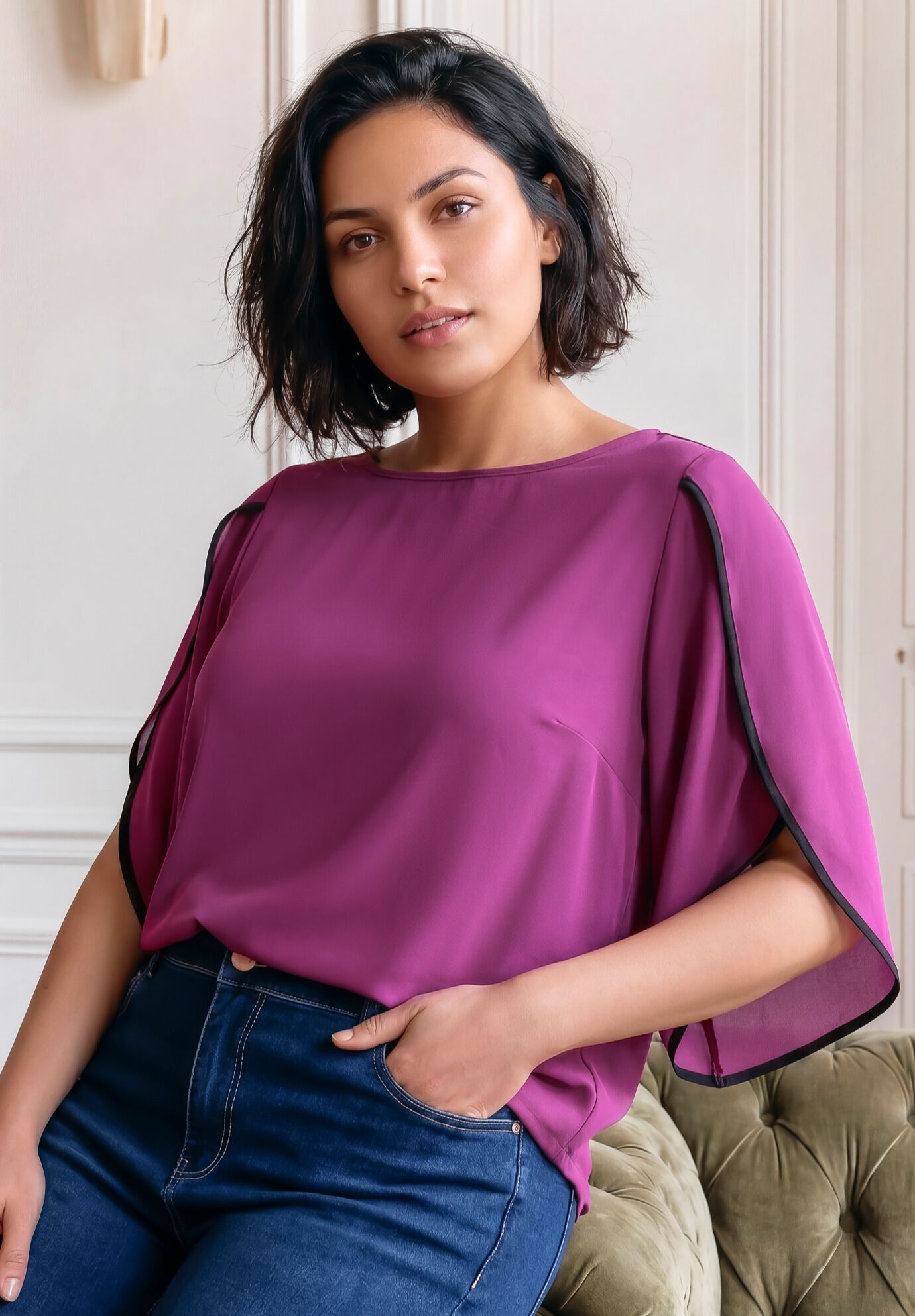 Contrast Tulip Blouse, DEEP BERRY, alternate image number 3