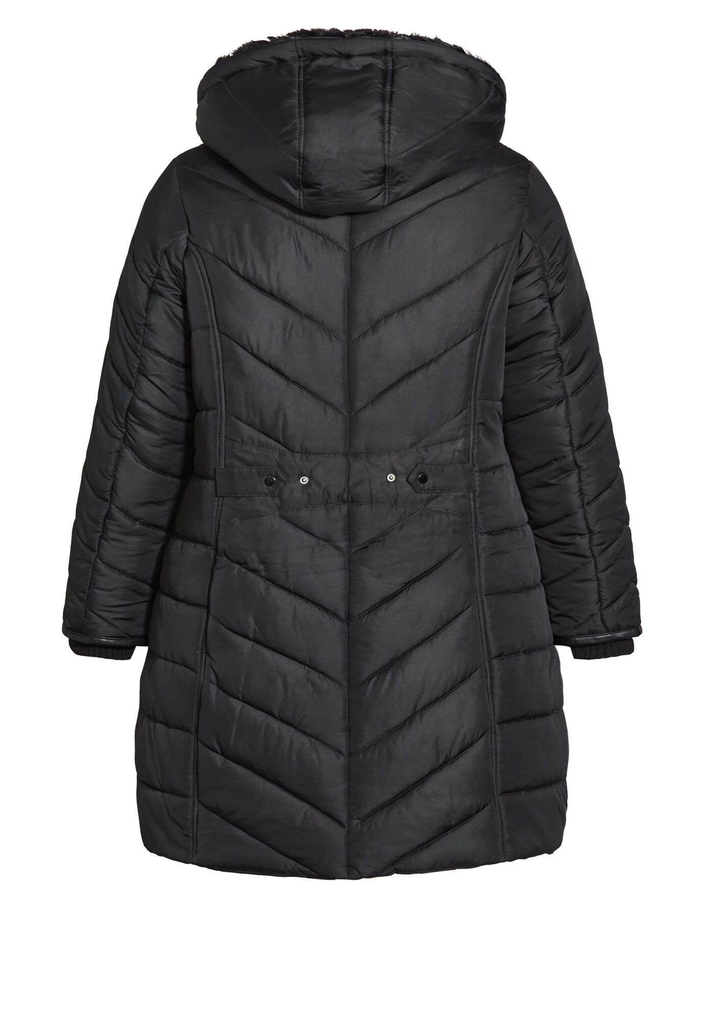 Chevron Faux Fur Hood Long Puffer Coat, BLACK, alternate image number 5