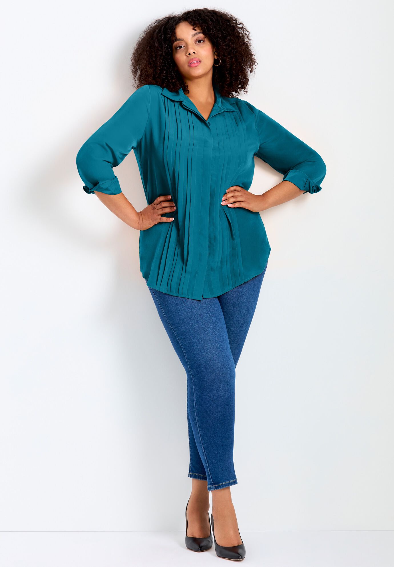 Pleated Button Down Shirt, DEEP TEAL, alternate image number 2