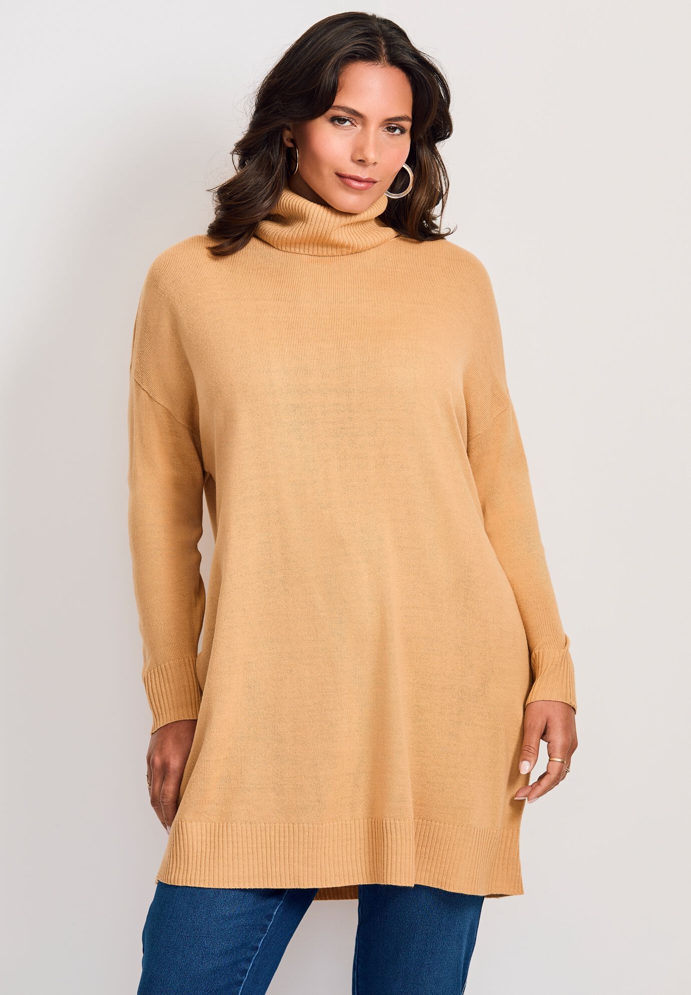 Turtleneck Tunic Sweater, SOFT CAMEL, on-hover image number 1