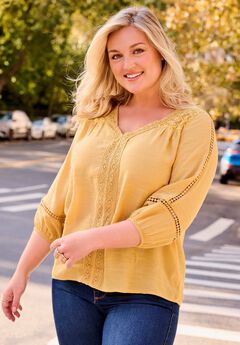 Embroidered Lace Detail Peasant Blouse