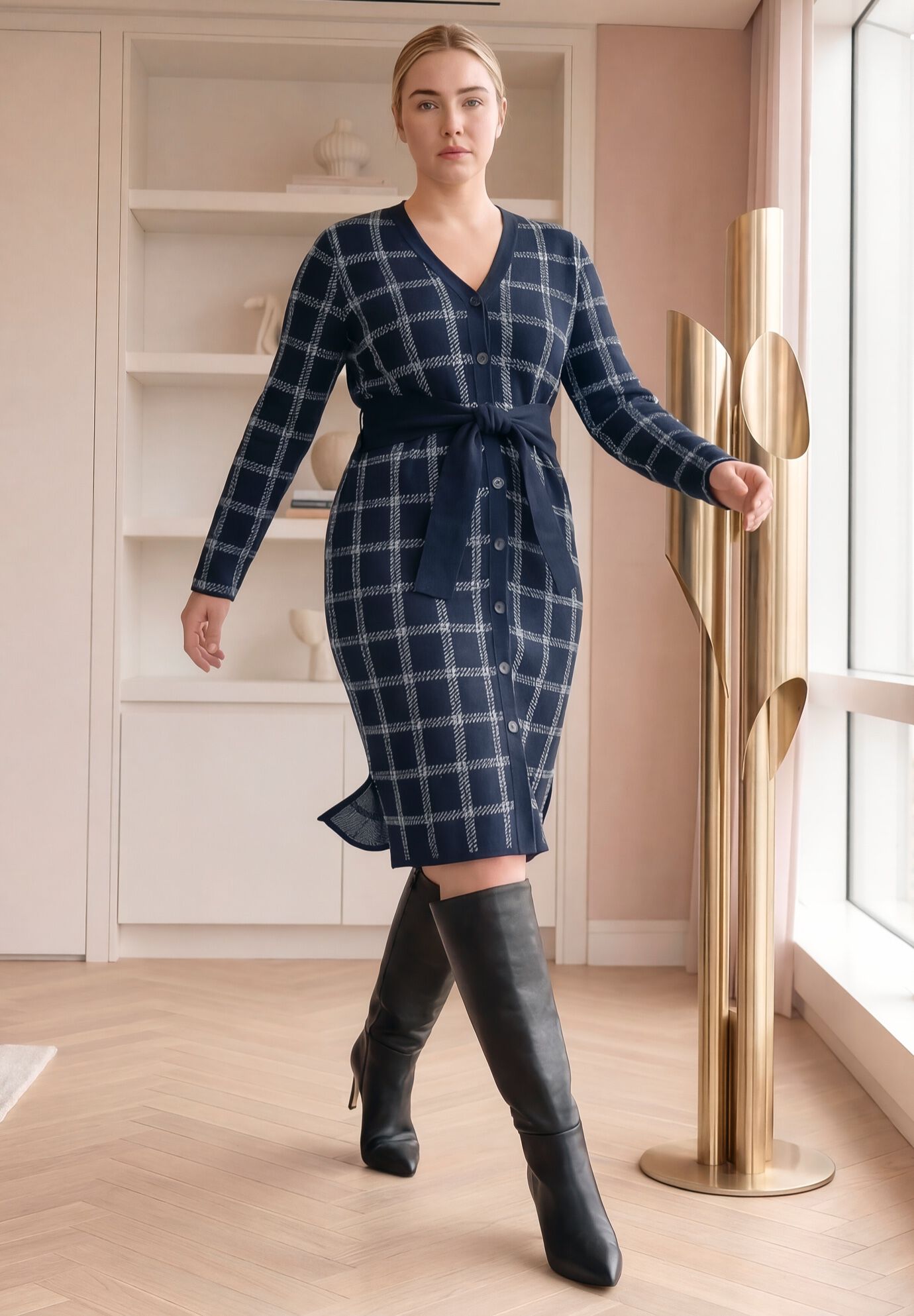 Cardigan Sweater Dress, NAVY WINDOWPANE, alternate image number 2