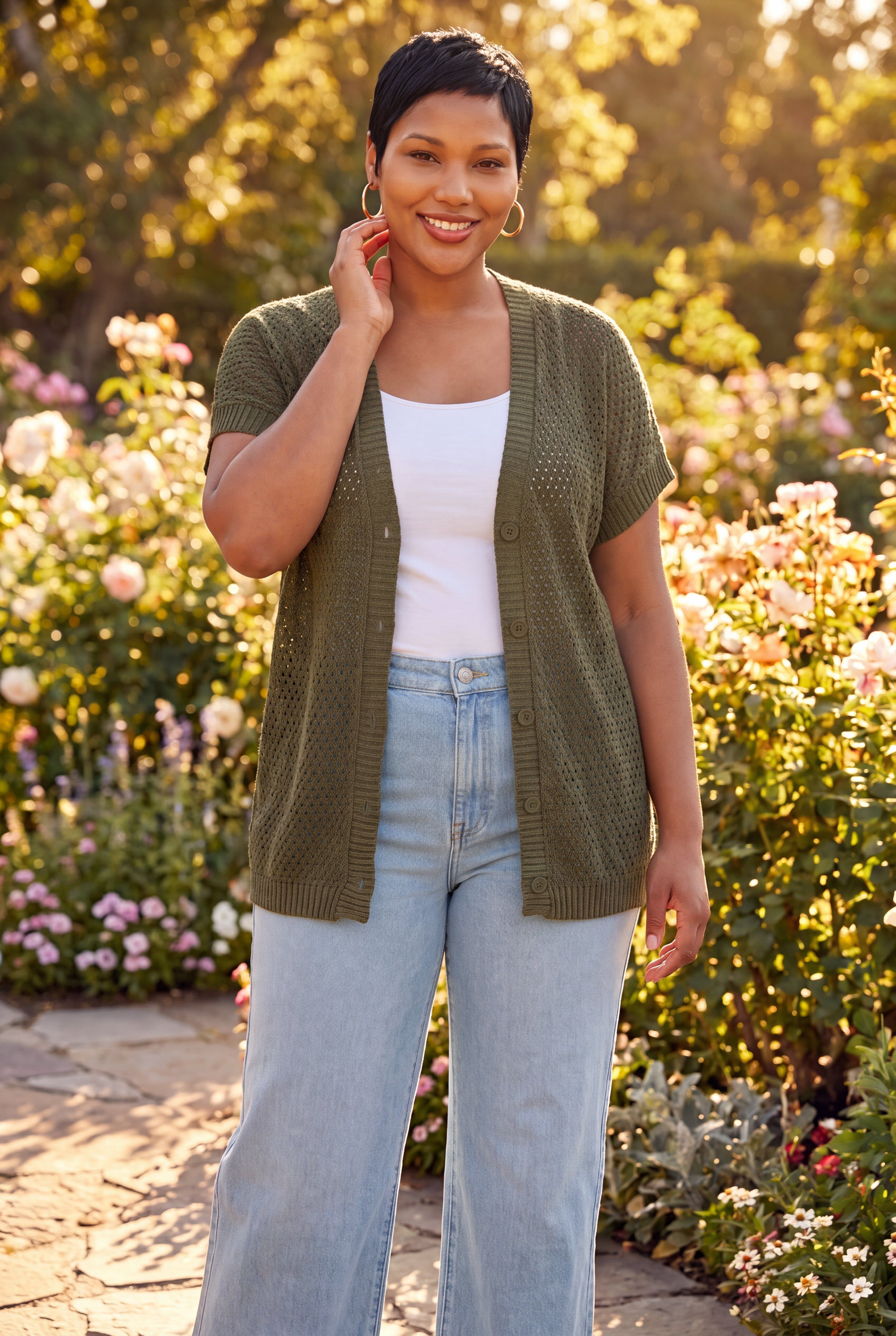Short Sleeve Button Front Cardigan, OLIVE GREEN, hi-res image number 0