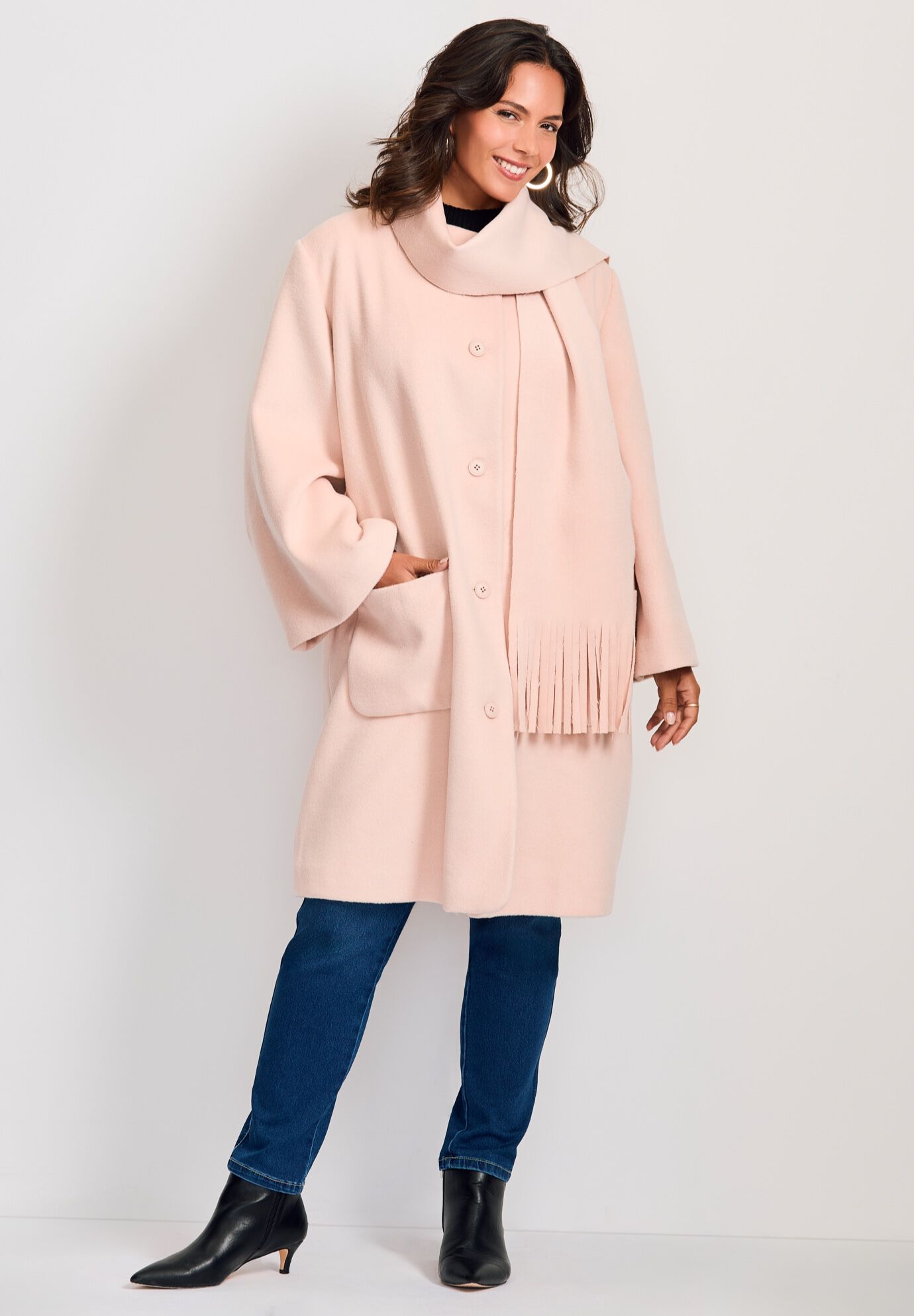 Detachable Fringe Scarf Coat, POWDER BLUSH, alternate image number 5