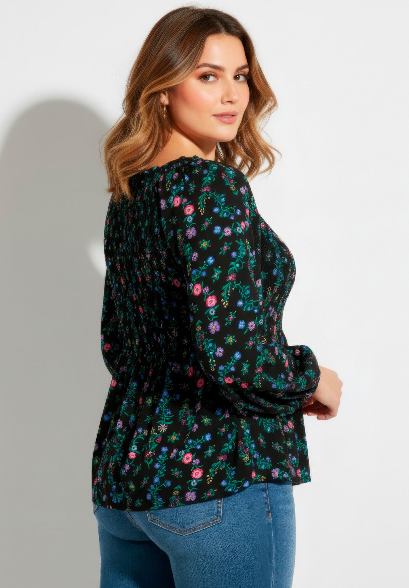 Smocking Blouson Sleeve Blouse, BLACK MULTI MINI FLOWER, alternate image number 3