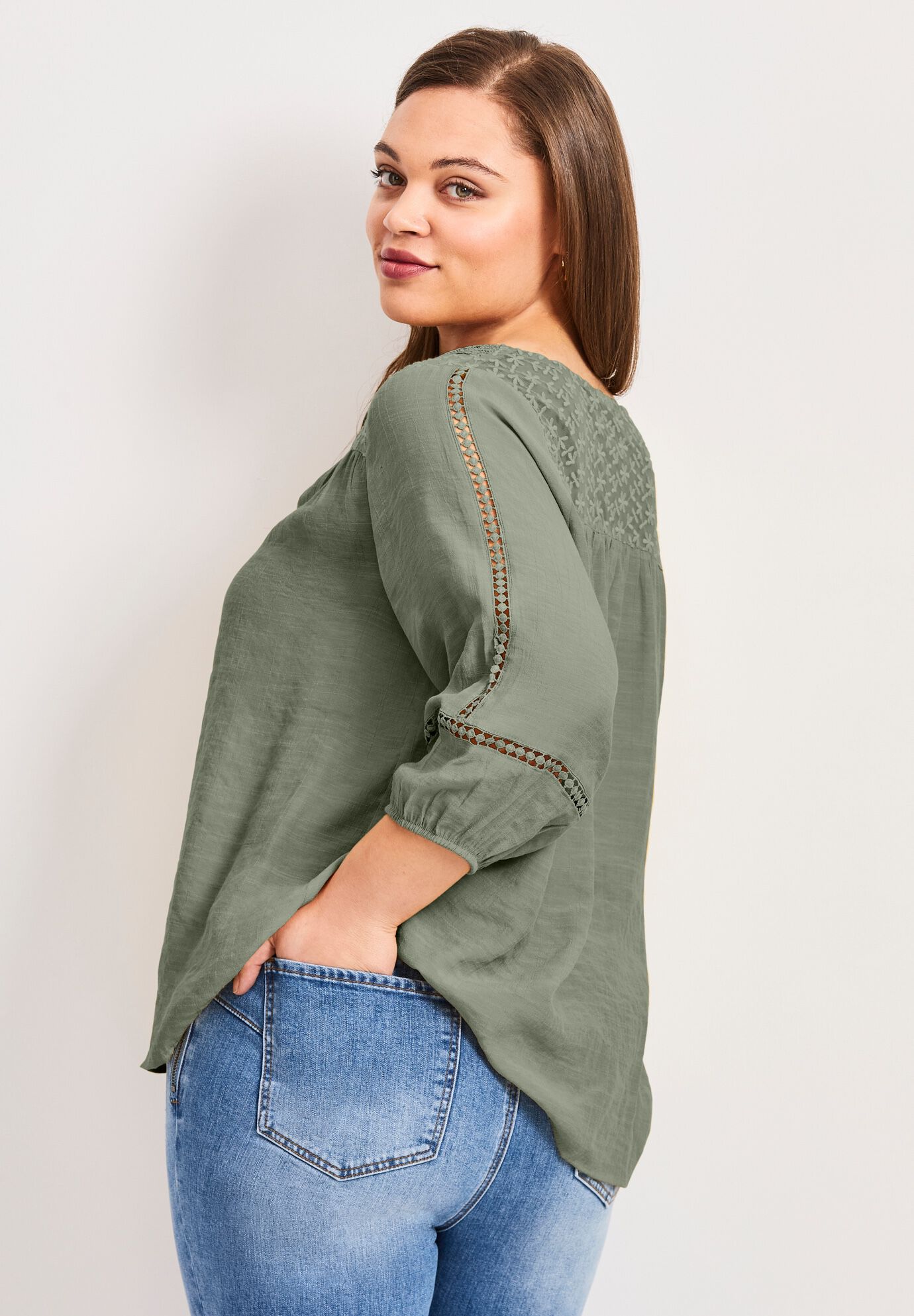 Embroidered Lace Detail Peasant Blouse, OLIVE, alternate image number 2