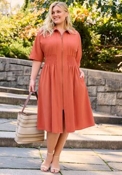 Smocked Waistband Zip-Front Dress