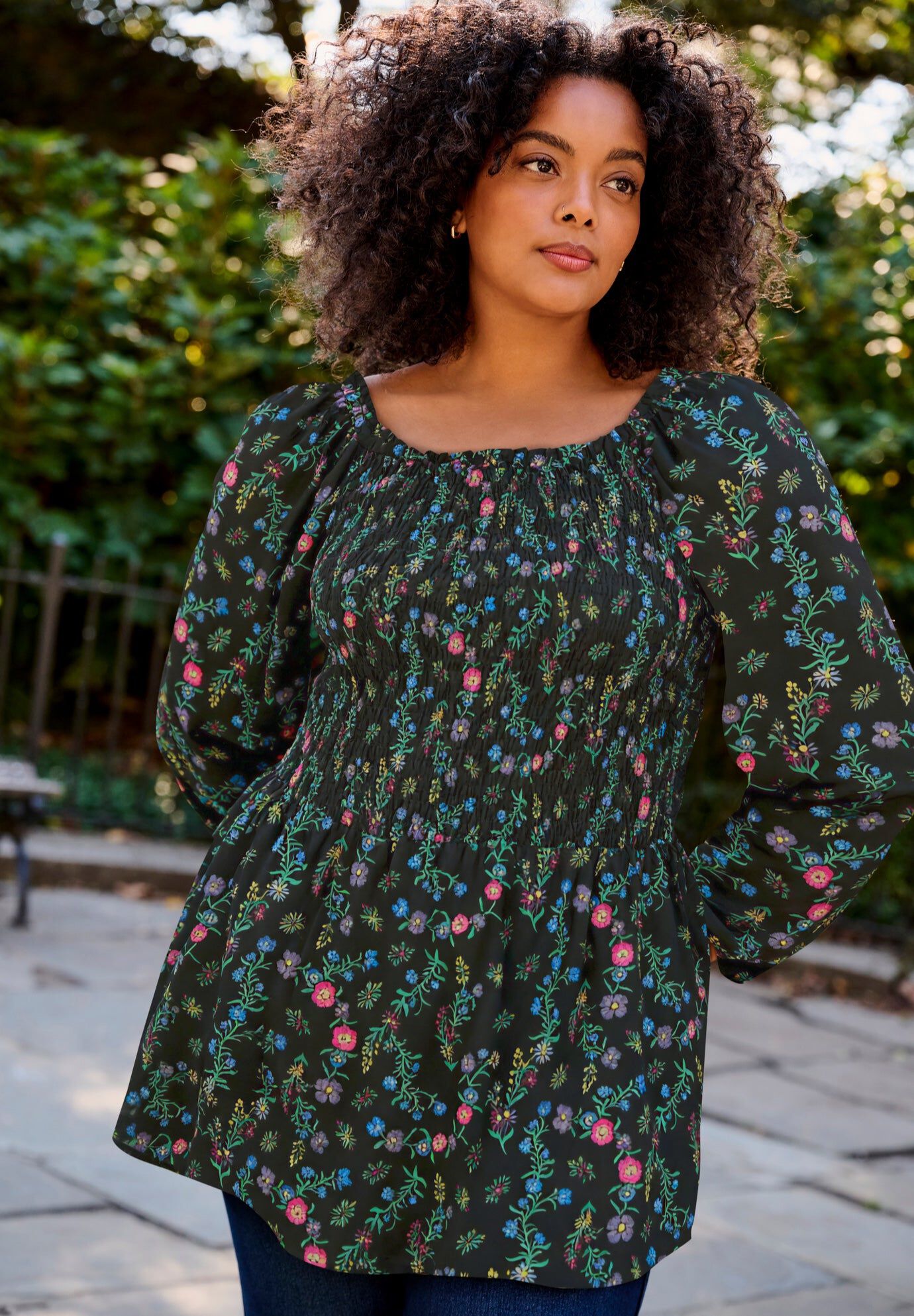 Smocking Blouson Sleeve Blouse, BLACK MULTI MINI FLOWER, hi-res image number 0