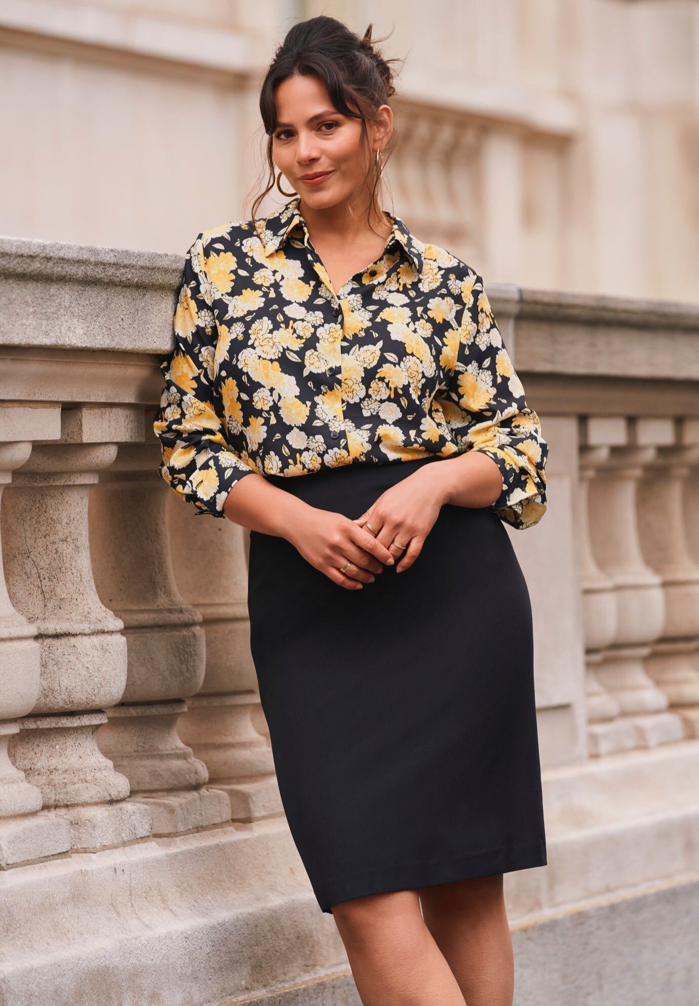 Signature Button Front Blouse, YELLOW BOUQUET, hi-res image number 0