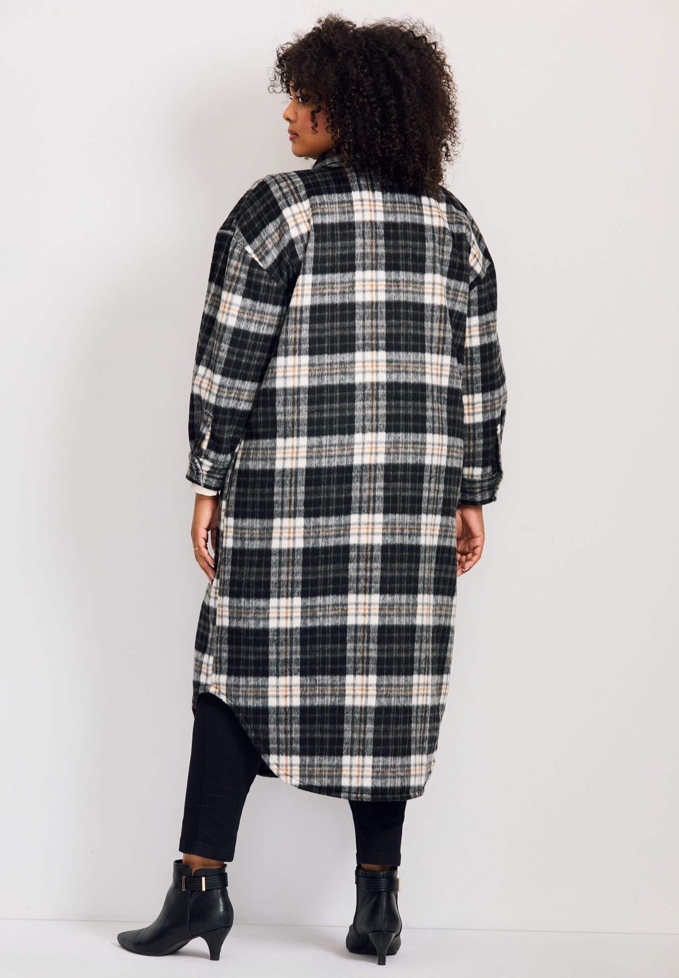 Brushed Long Shirt Jacket, BLACK BRUSHED PLAID, alternate image number 2