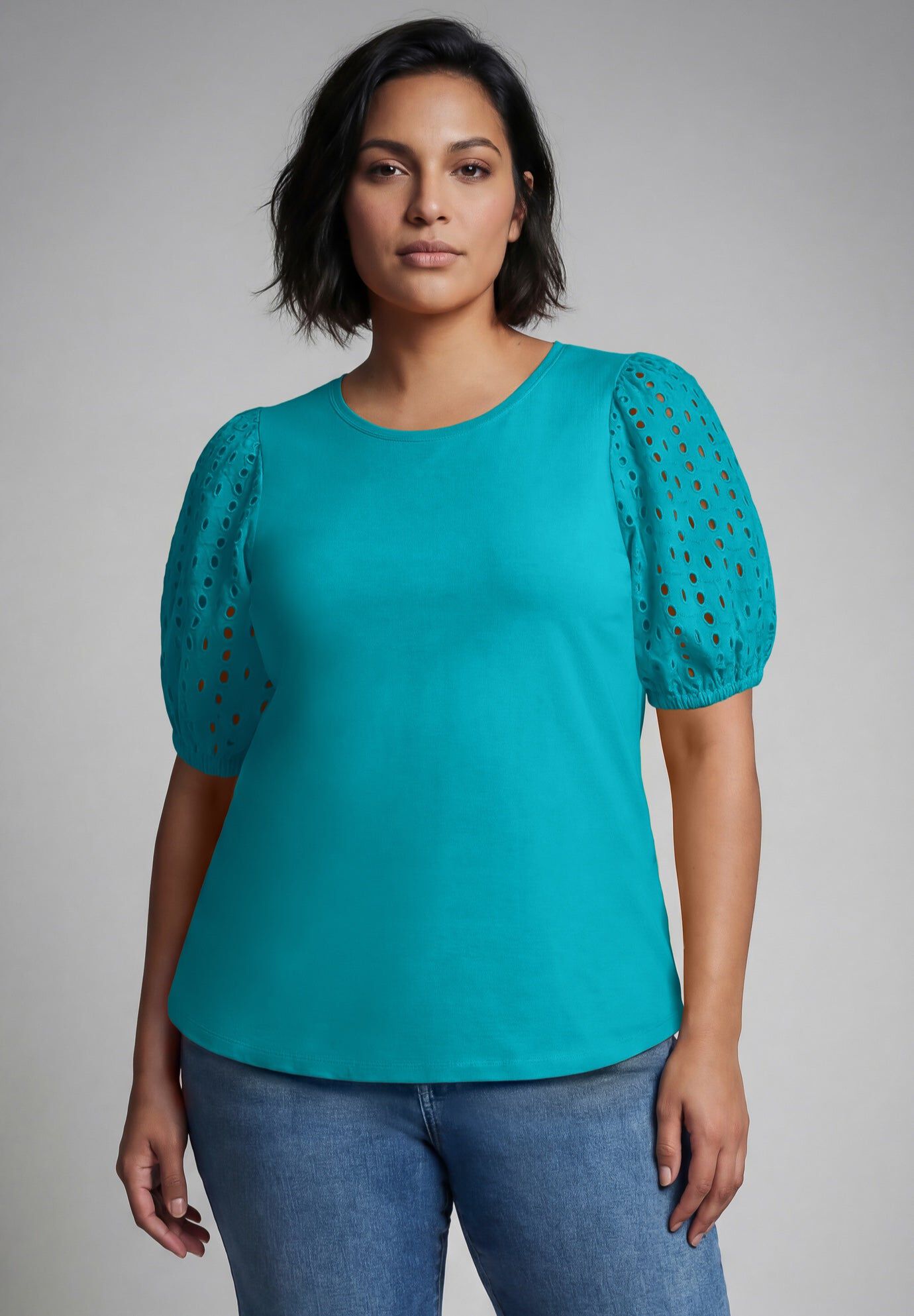 Eyelet Sleeve Tee, VIBRANT TURQ, hi-res image number 0