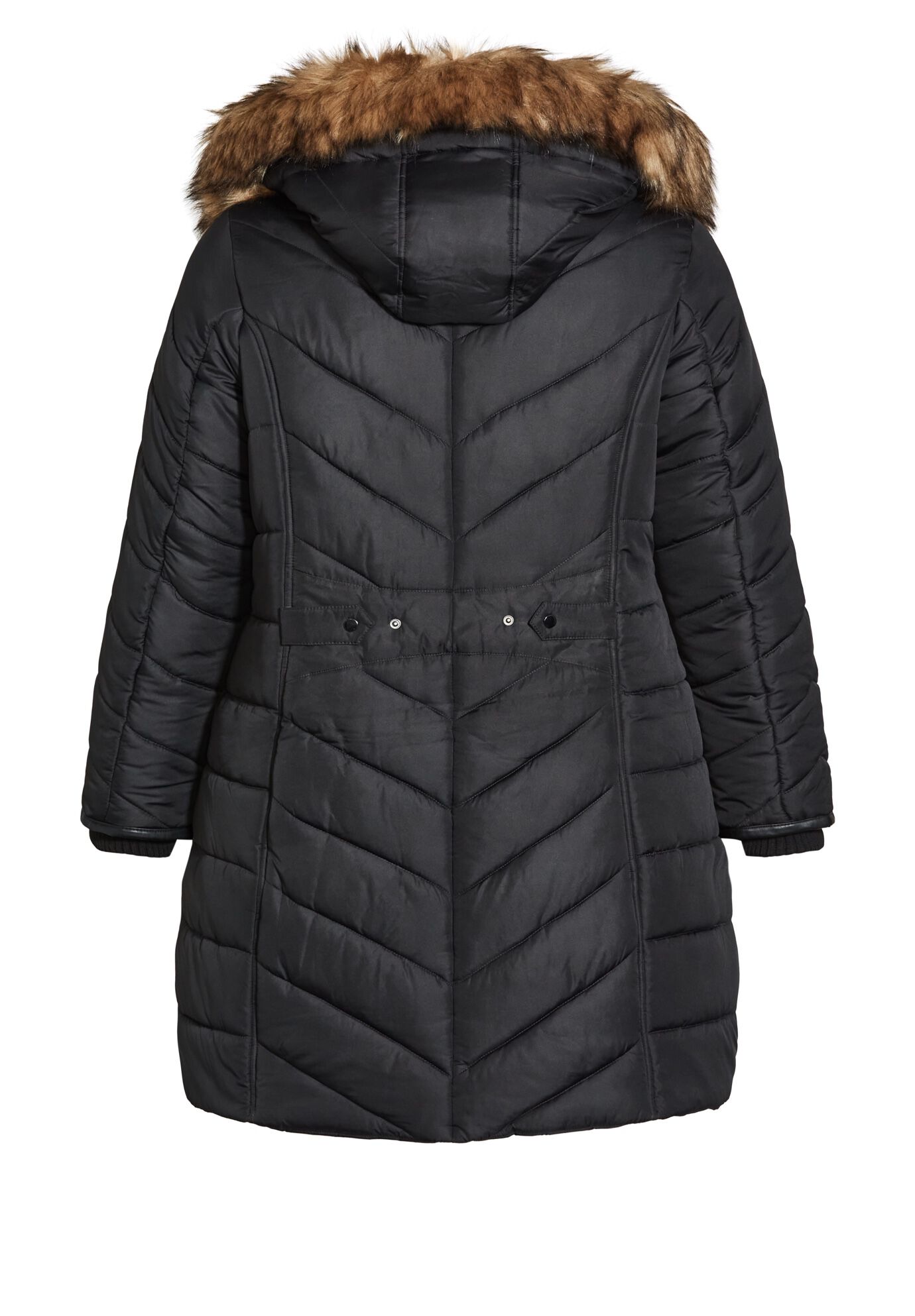 Chevron Faux Fur Hood Long Puffer Coat, BLACK, alternate image number 3