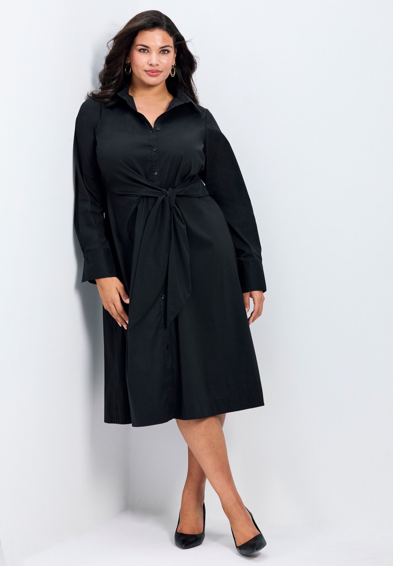 Bethany Poplin Tie Front Shirtdress, BLACK, hi-res image number 0