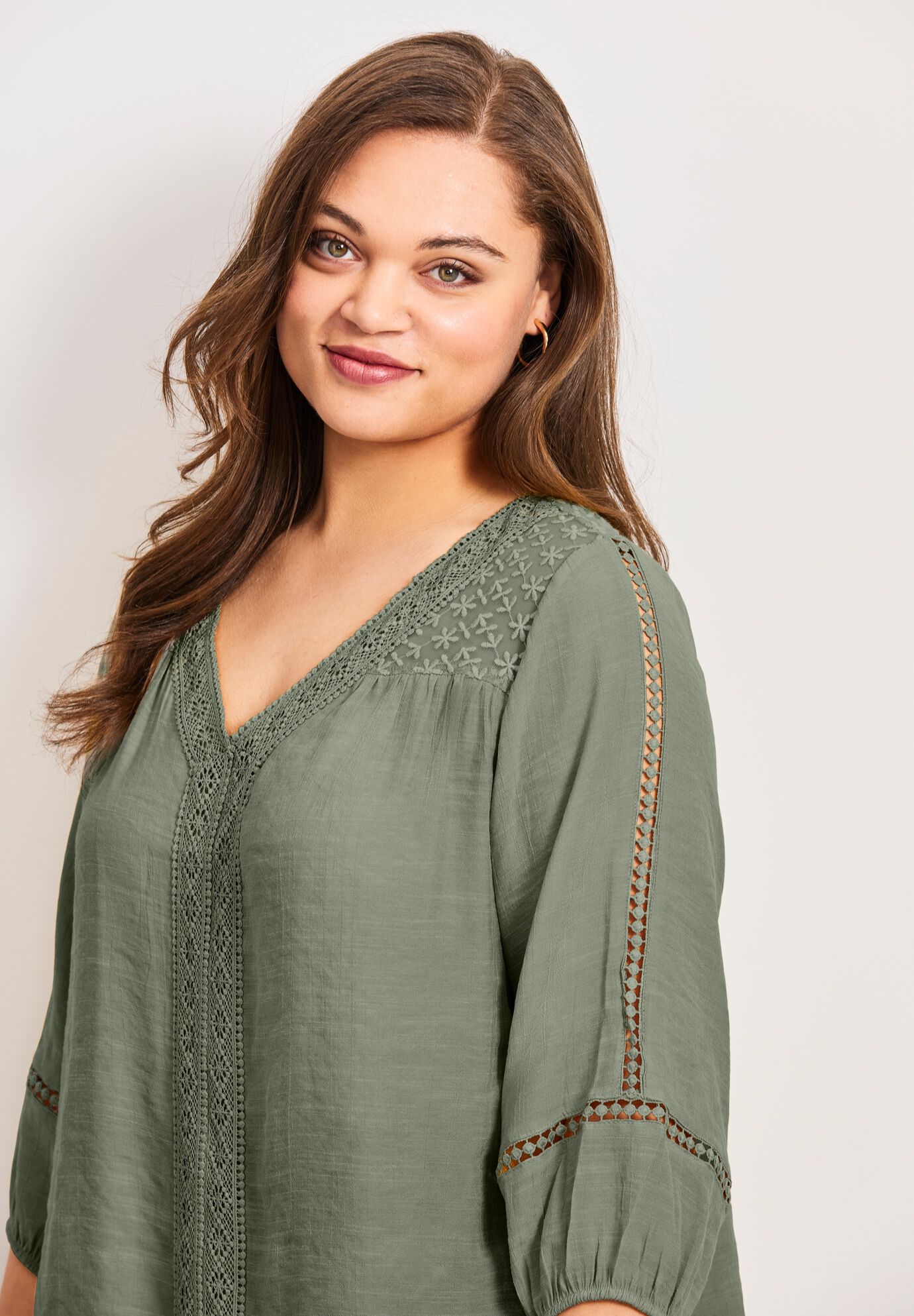 Embroidered Lace Detail Peasant Blouse, OLIVE, alternate image number 4