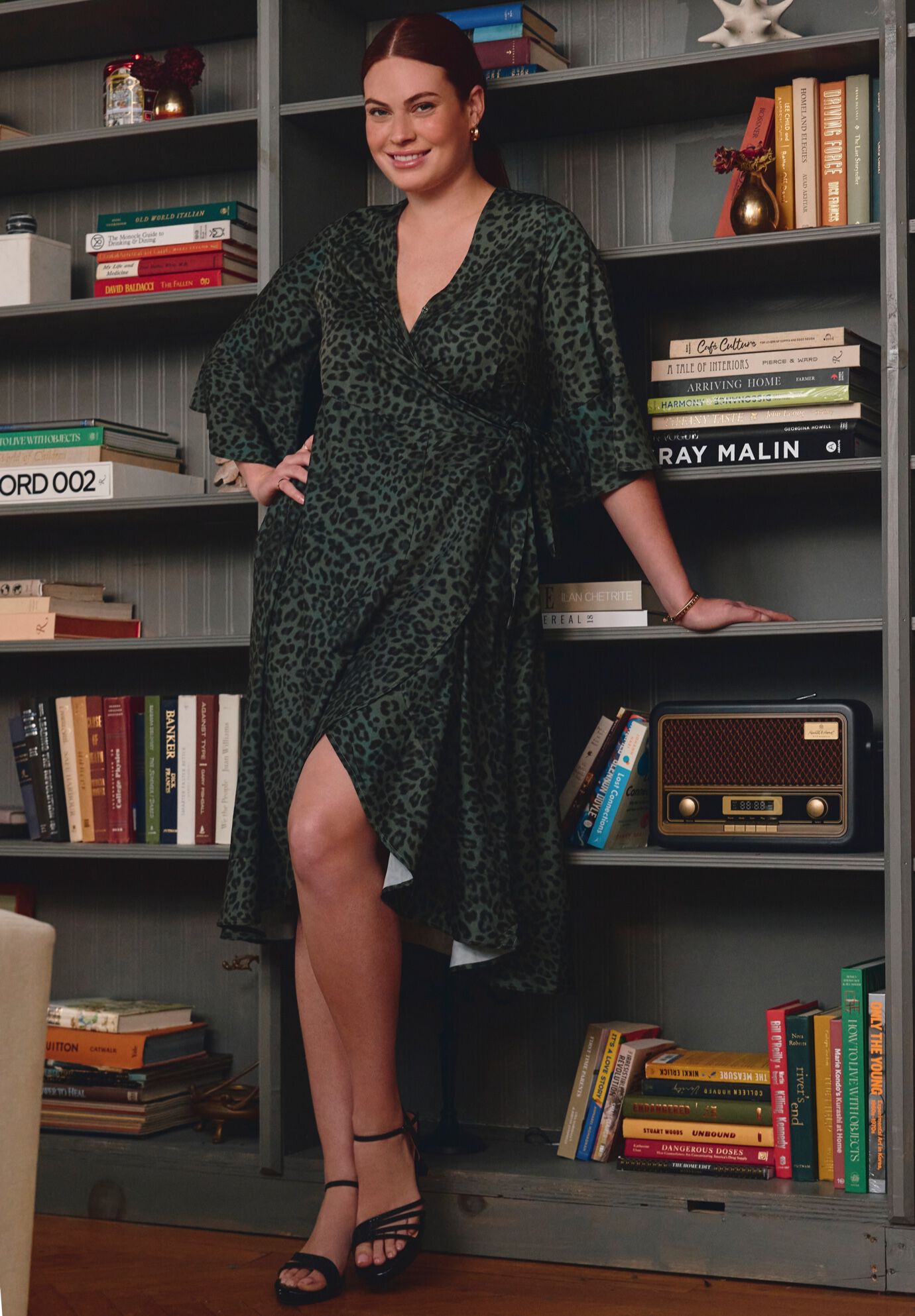 Charlotte Wrap Ruffle Dress, OLIVE GREEN ANIMAL, alternate image number 2