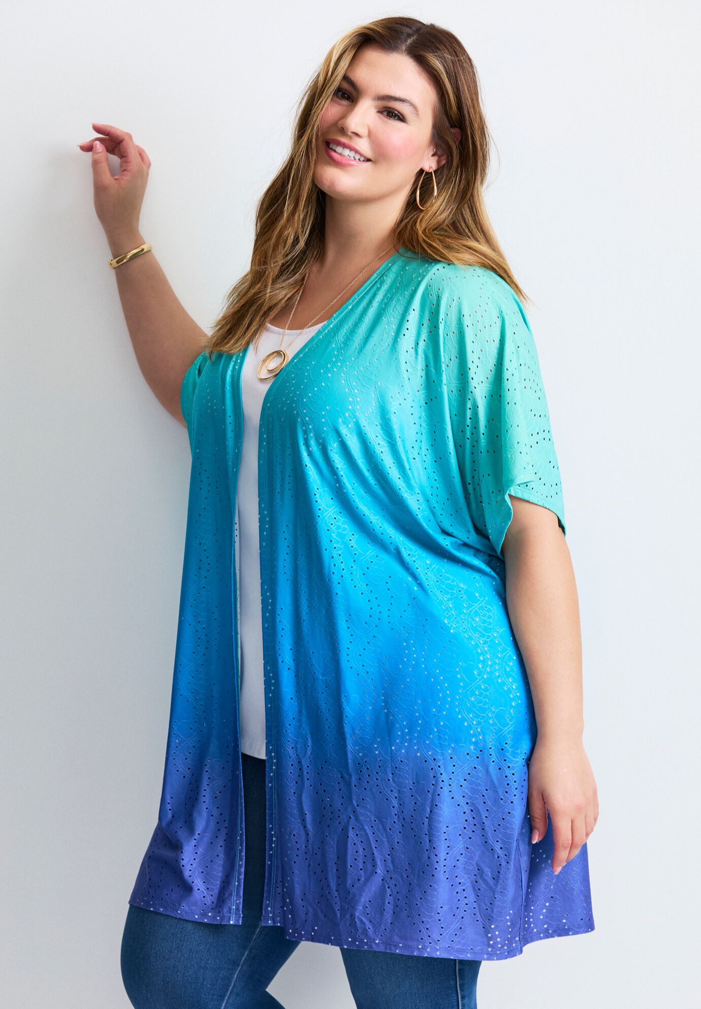 Knit Eyelet Kimono, COOL BOLD OMBRE, alternate image number 3