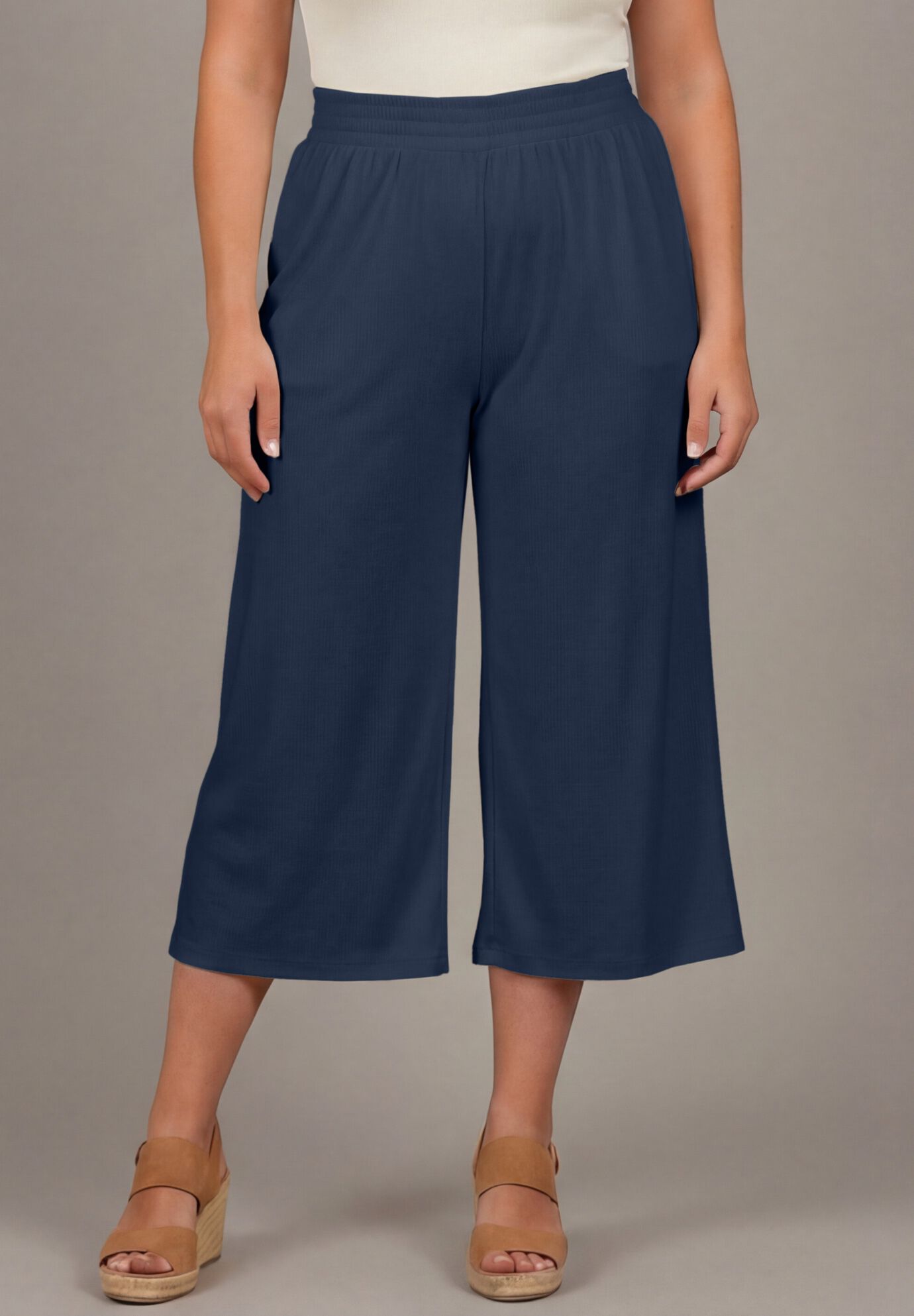 Knit Gauze Smocked Wide-Leg Crop, NAVY, alternate image number 2