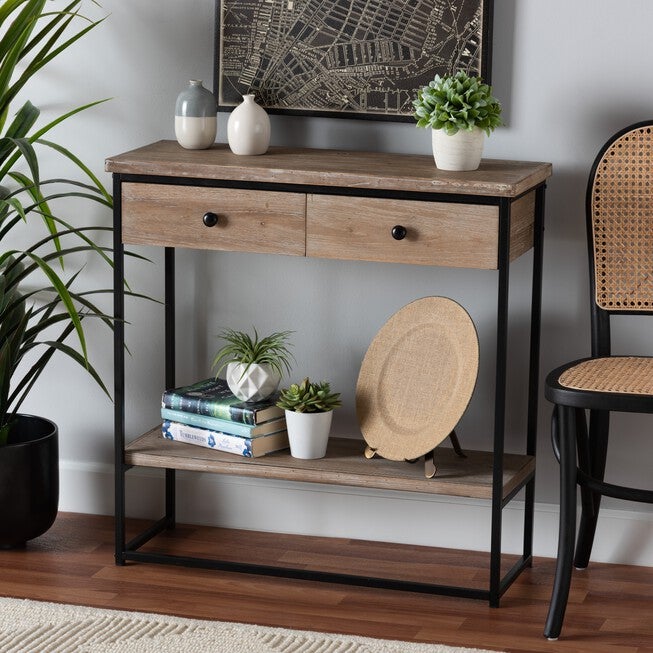 Silas Modern Industrial Natural Brown Finished Wood And Black Metal 2-Drawer Console Table, , alternate image number null