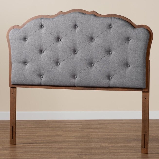 Leandra Classic And Traditional Grey Fabric And Walnut Brown Finished Wood Queen Size Headboard, , alternate image number null