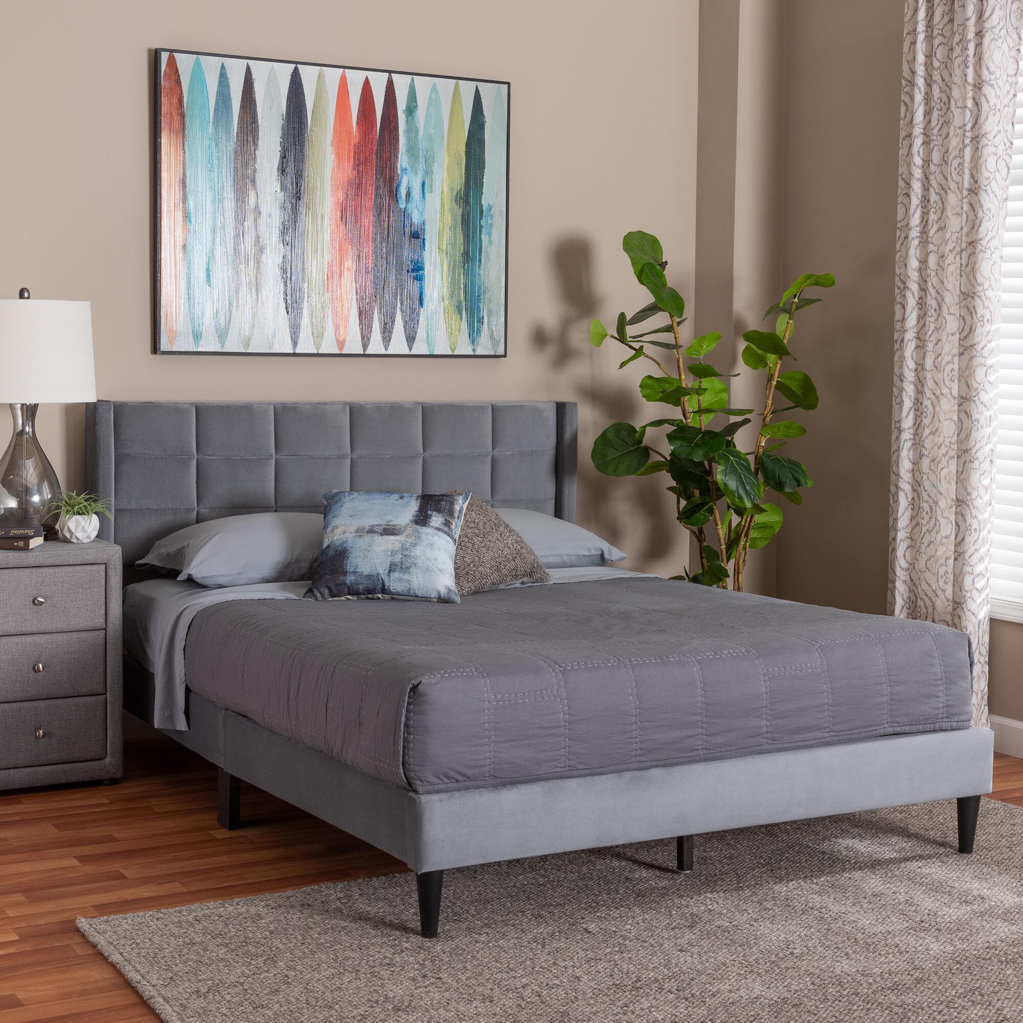 Payne Modern Glam Grey Velvet and Dark Brown Wood Queen Bed, GREY, hi-res image number 0