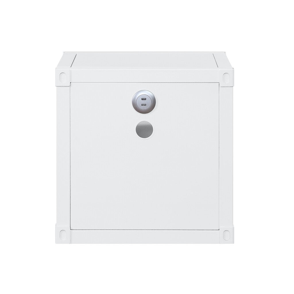 White nightstand with USB port and circular cutout