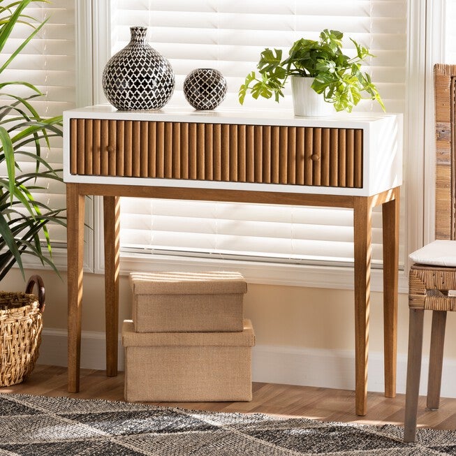 Odile Mid-Century Modern Two-Tone Natural Brown And White Bayur Wood 1-Drawer Console Table, , alternate image number null