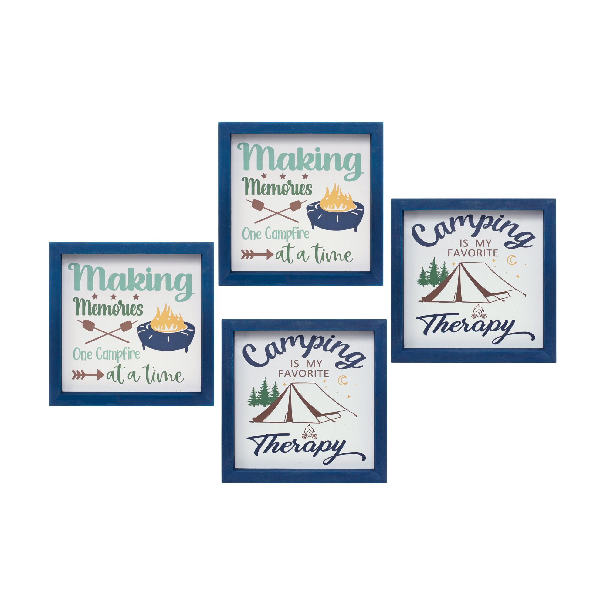 Camping Sign (Set of 4) 10 inchesSQ MDF, BLUE WHITE GREEN, hi-res image number 0
